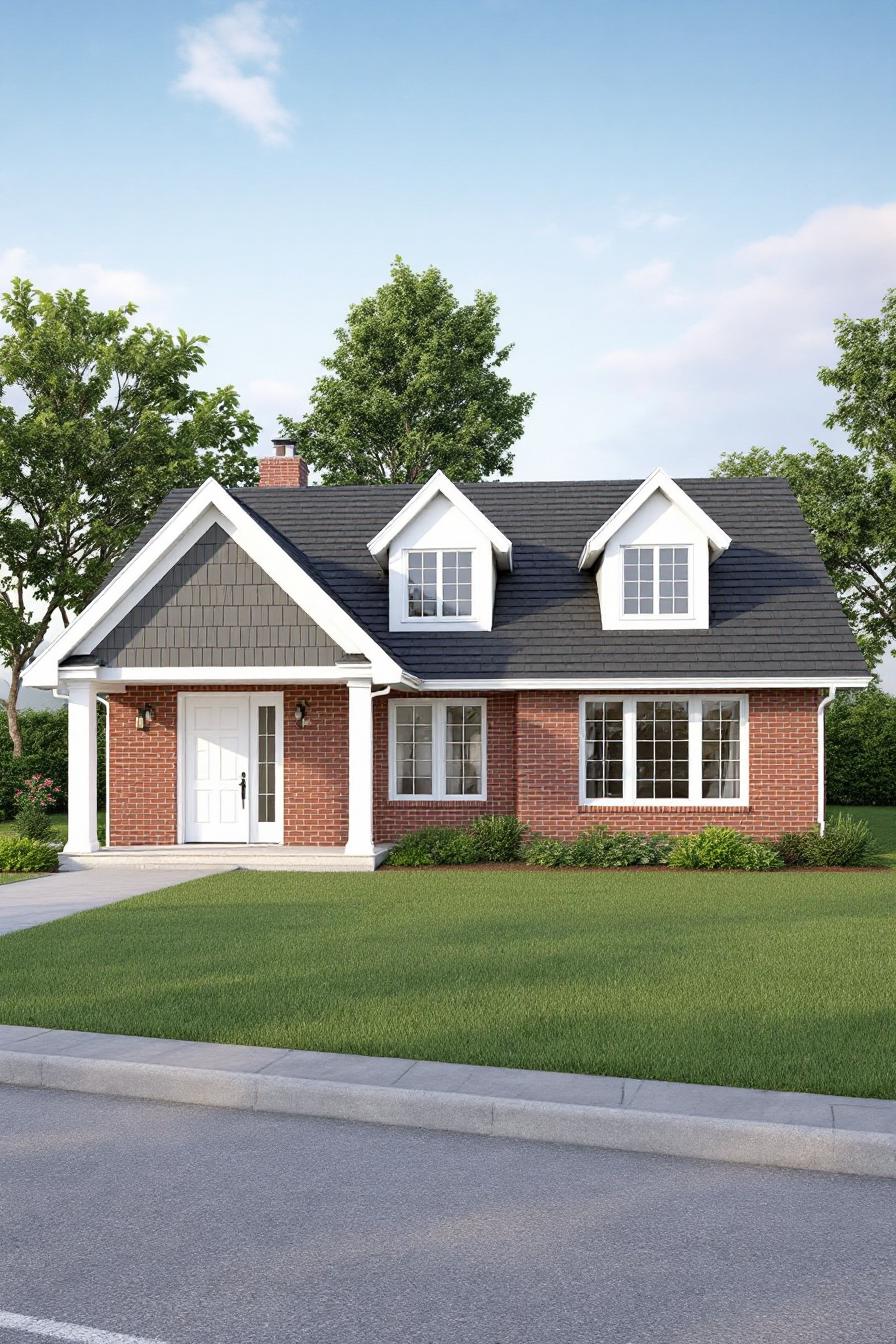 Brick bungalow with dormer windows and green lawn