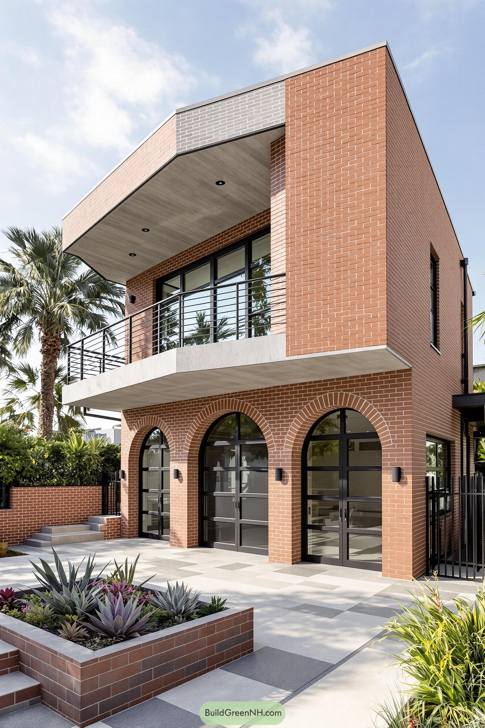 A contemporary house with red brick and large windows