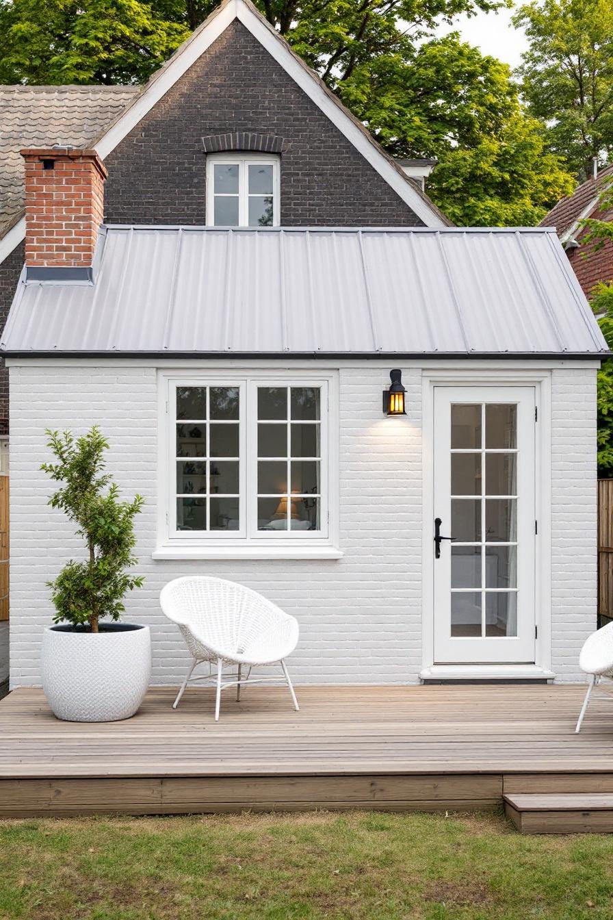 Cozy white brick house with a wooden deck