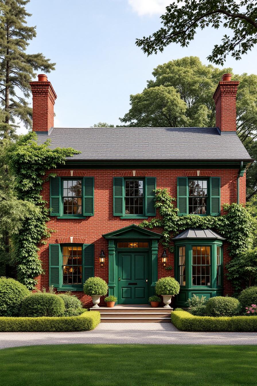 Red brick house with green shutters and lush greenery