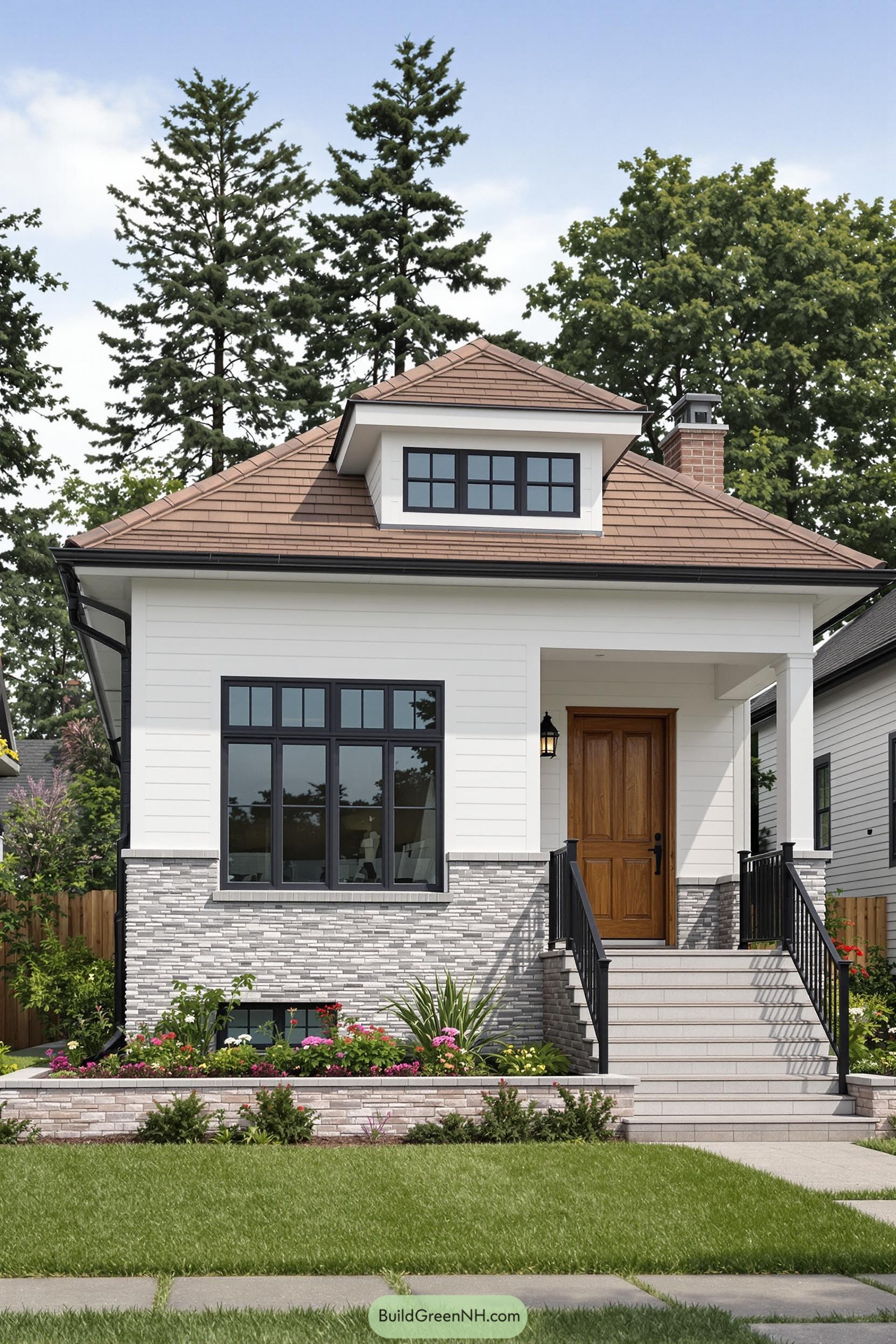 Compact bungalow with stone accents and charming garden
