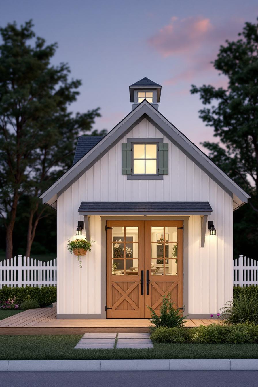 Cozy small country house with wooden double doors and white picket fence