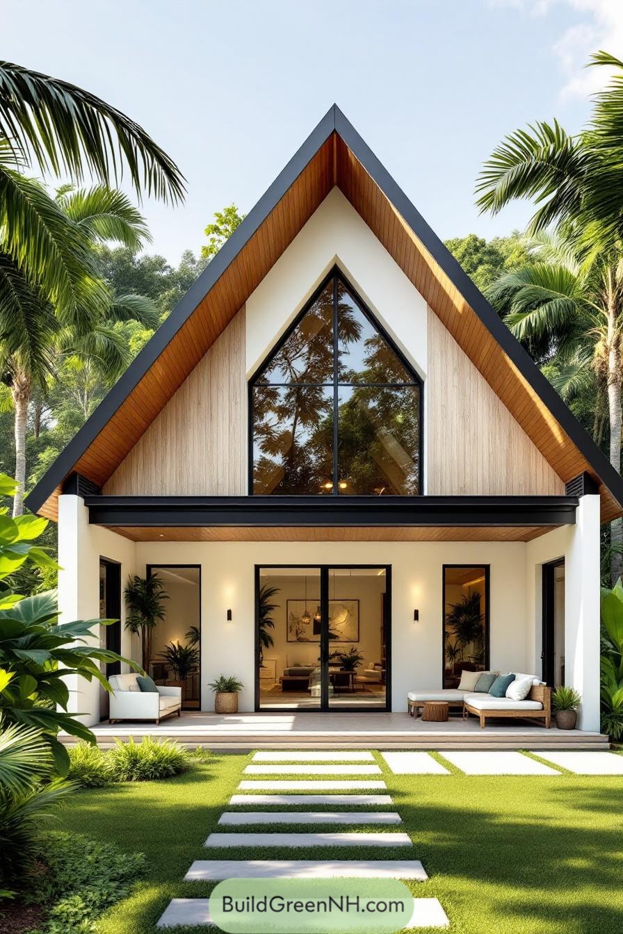 Charming tropical house with an A-frame design surrounded by lush greenery