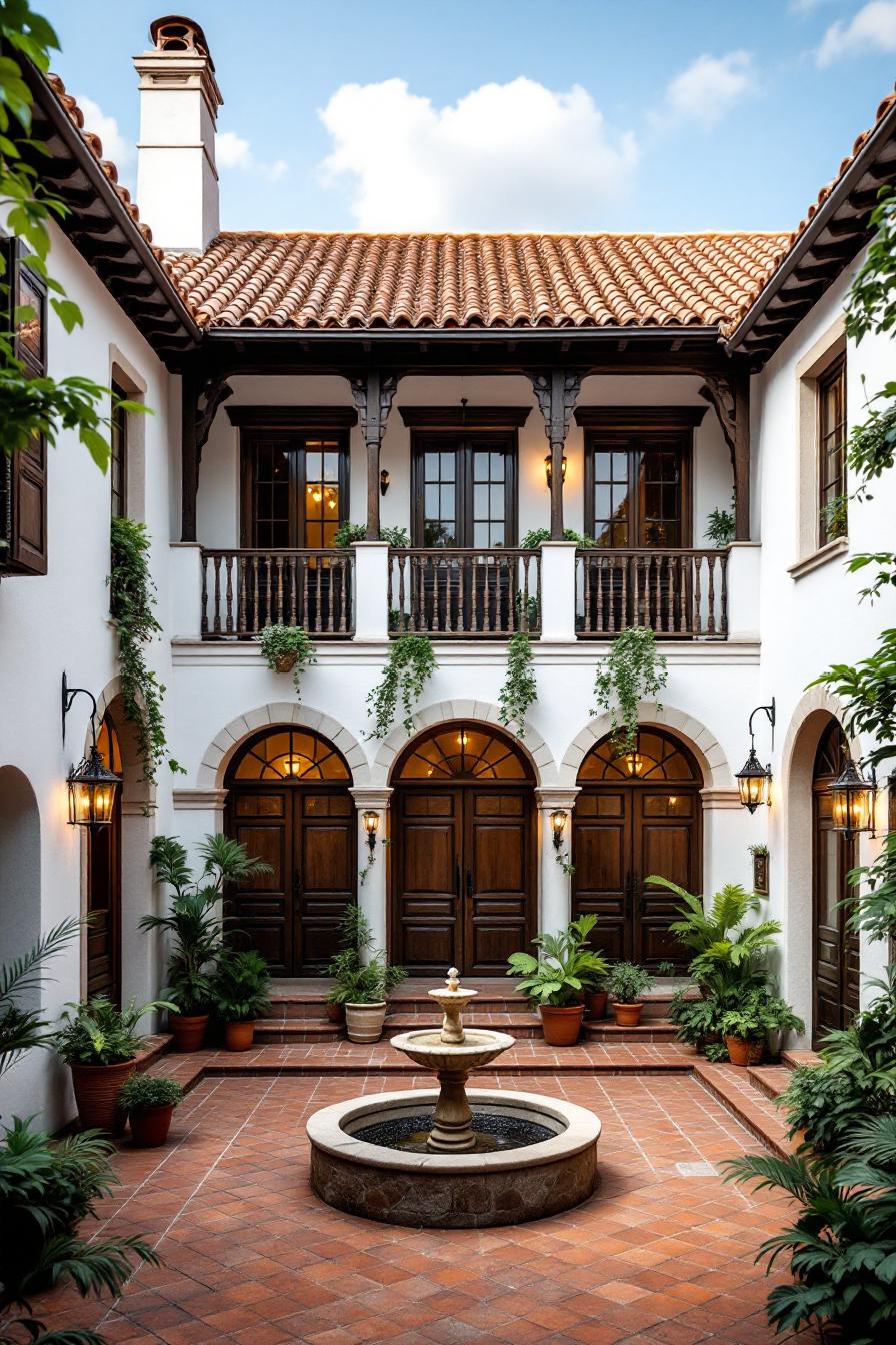 Charming Spanish courtyard with a fountain and lush greenery