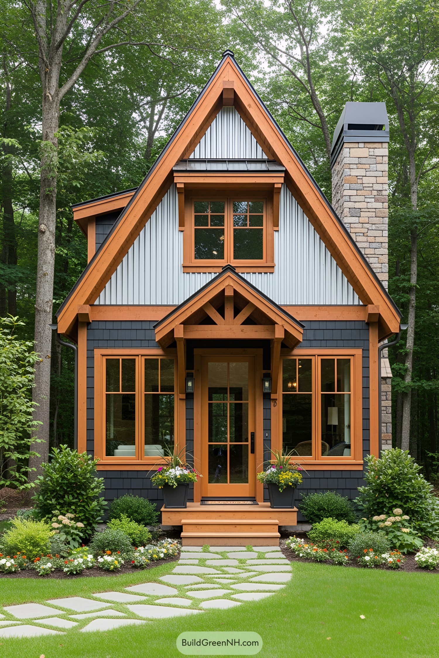 Tiny house with a steep roof and brick chimney