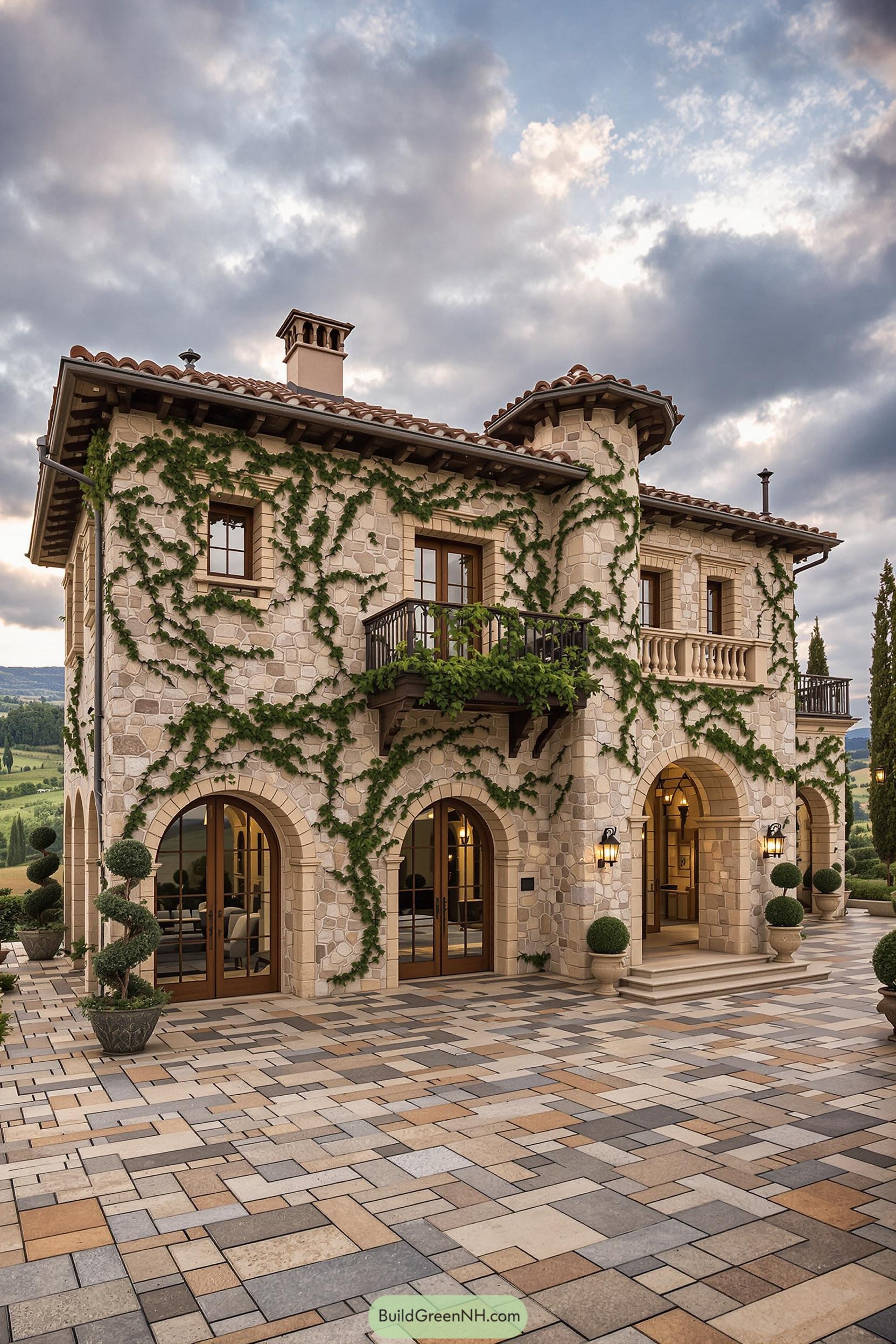 Stone mansion with lush vine accents