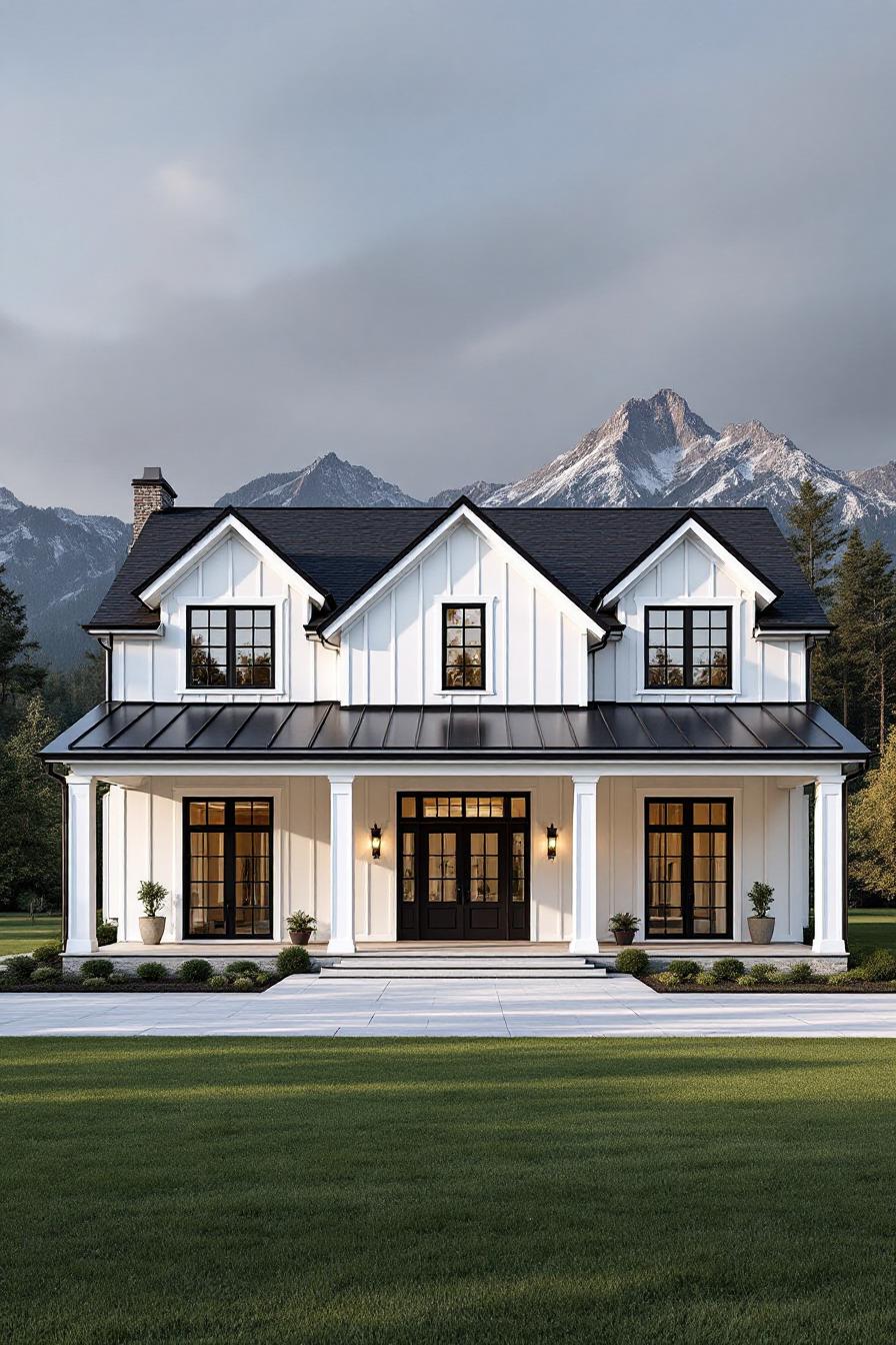 Elegant farmhouse with mountains in the background