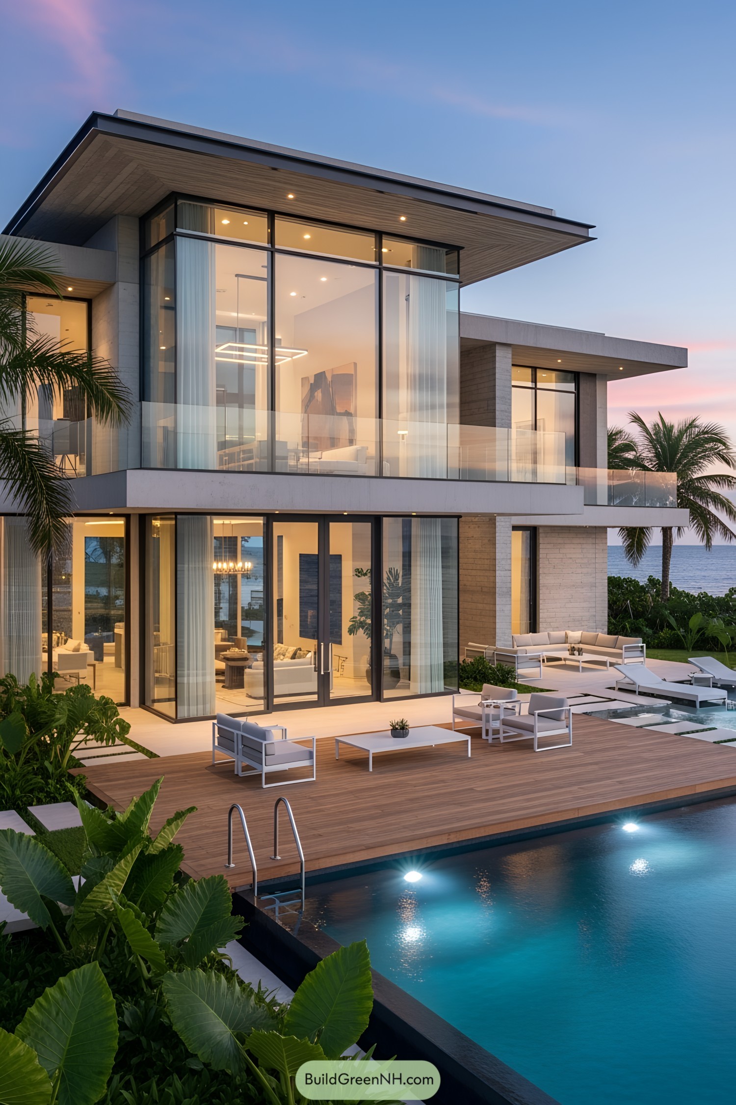 Modern luxury home with large windows and pool