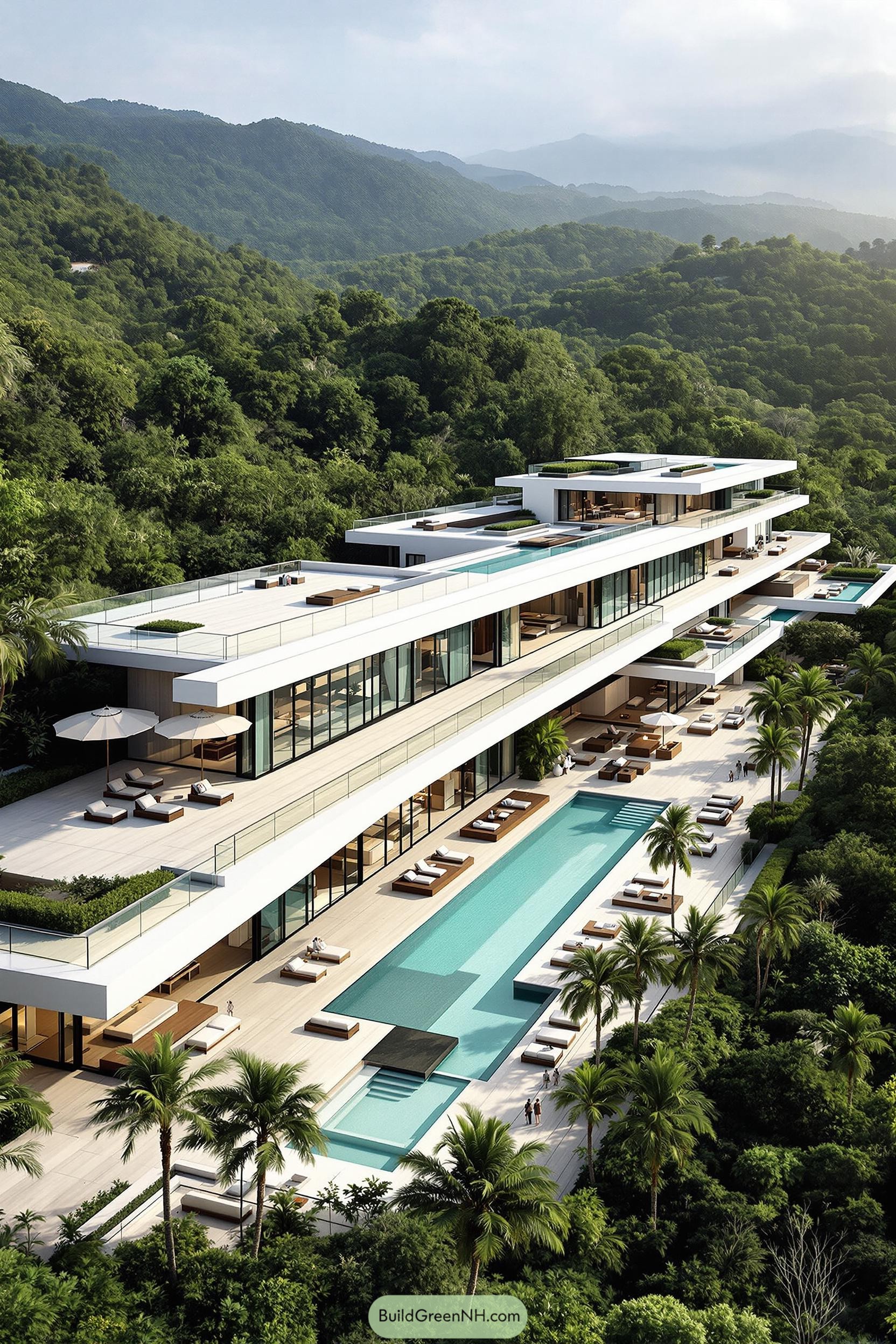 Sprawling luxury mansion with a pool amid lush greenery