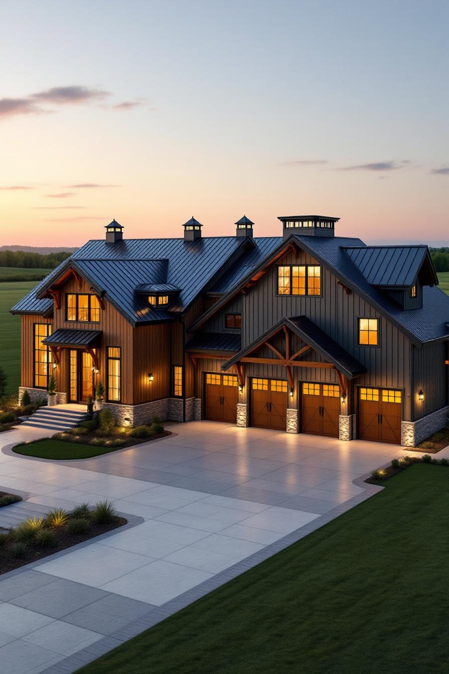 Elegant barndominium illuminated in twilight