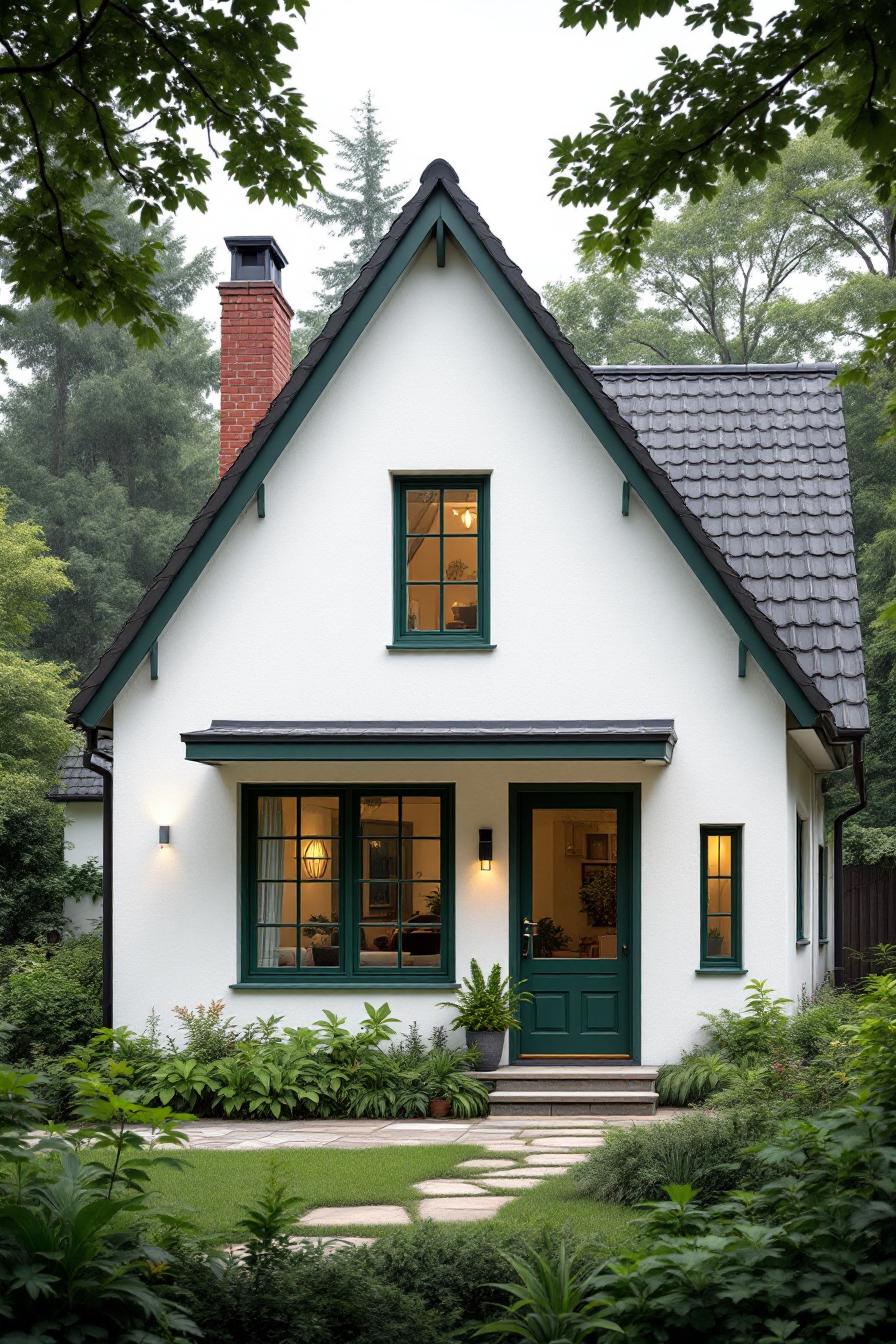 White cottage with green accents and lush garden