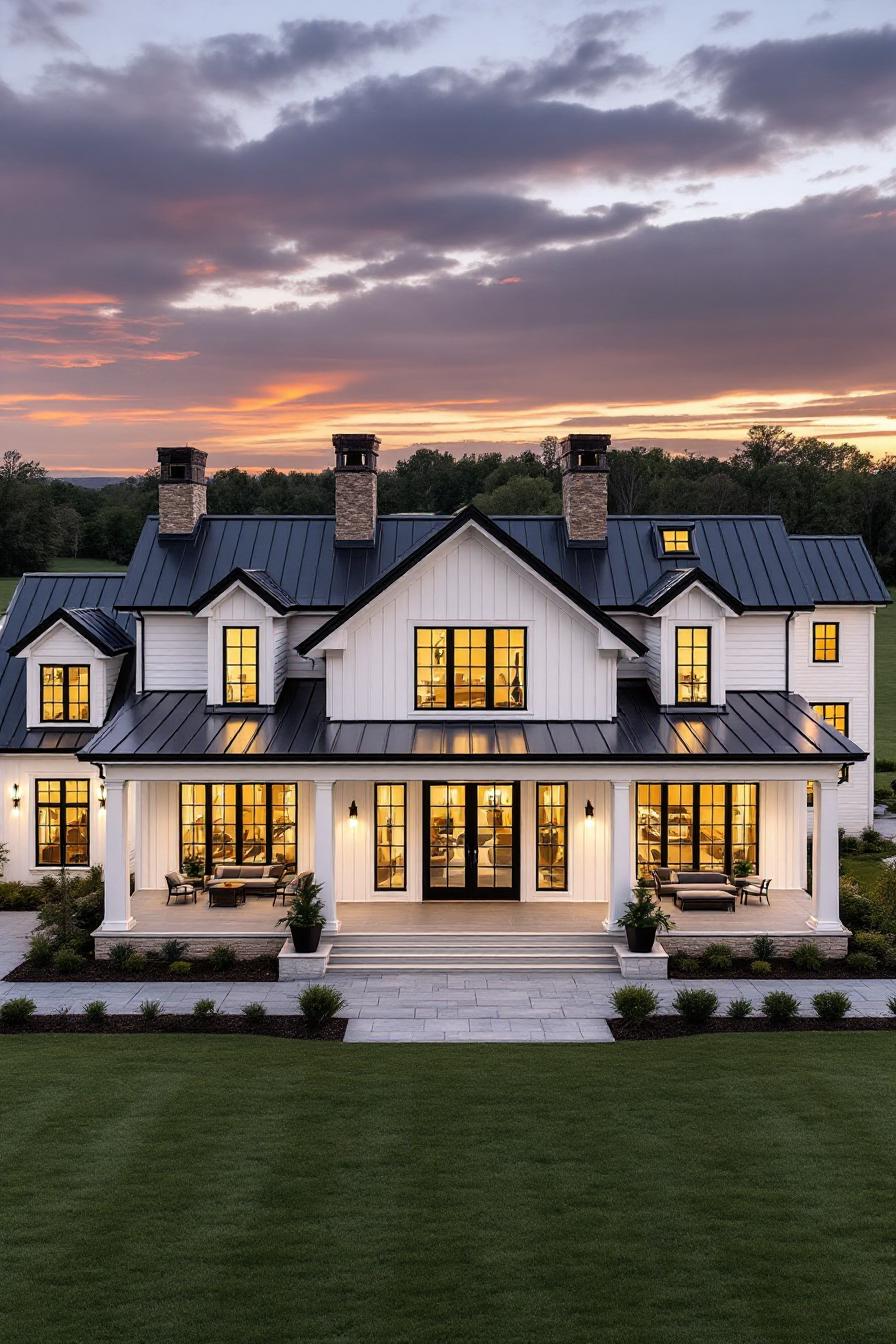 A large white house with a dark roof and illuminated windows at sunset