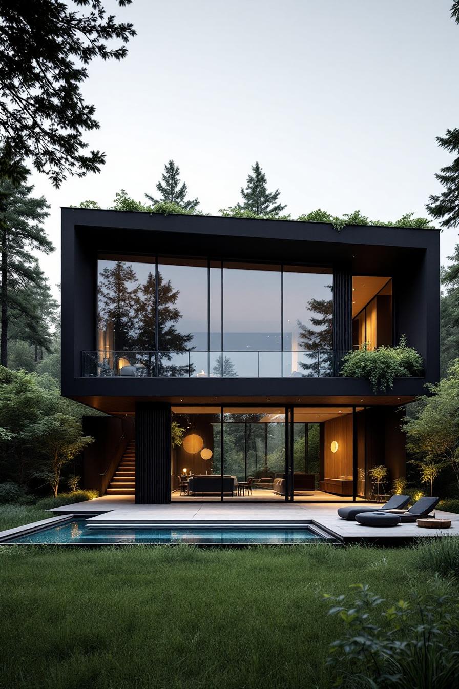 Modern black house with large windows in a forest setting