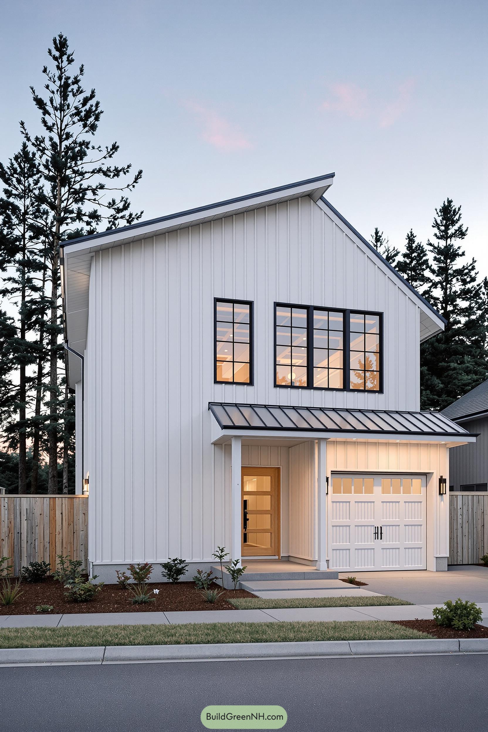 Modern two-story farmhouse with trees in the background