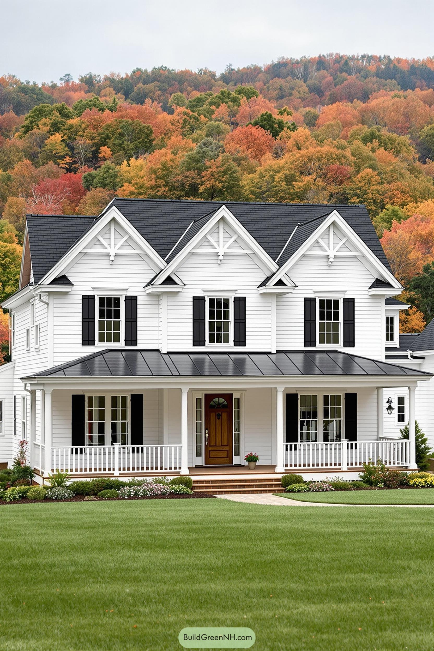 White country house with black shutters and a covered porch