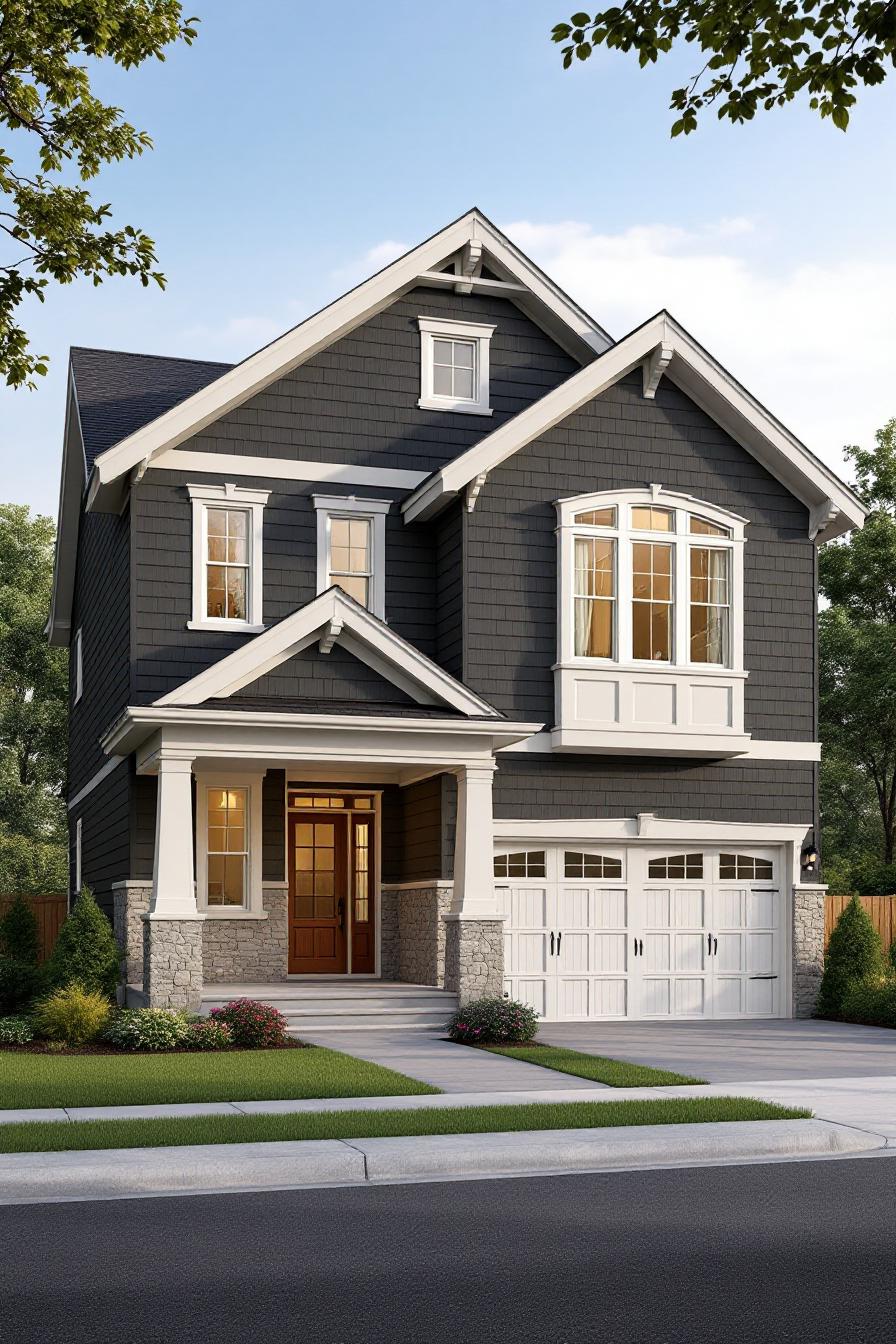 Two-story Craftsman house with a wooden door and a garage