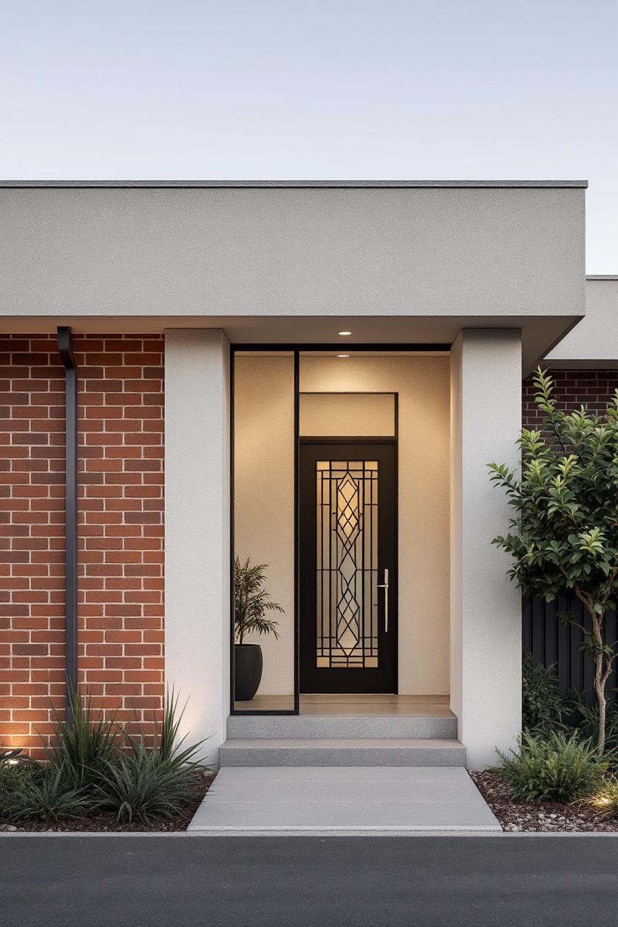 Modern house entrance with a brick and stucco exterior