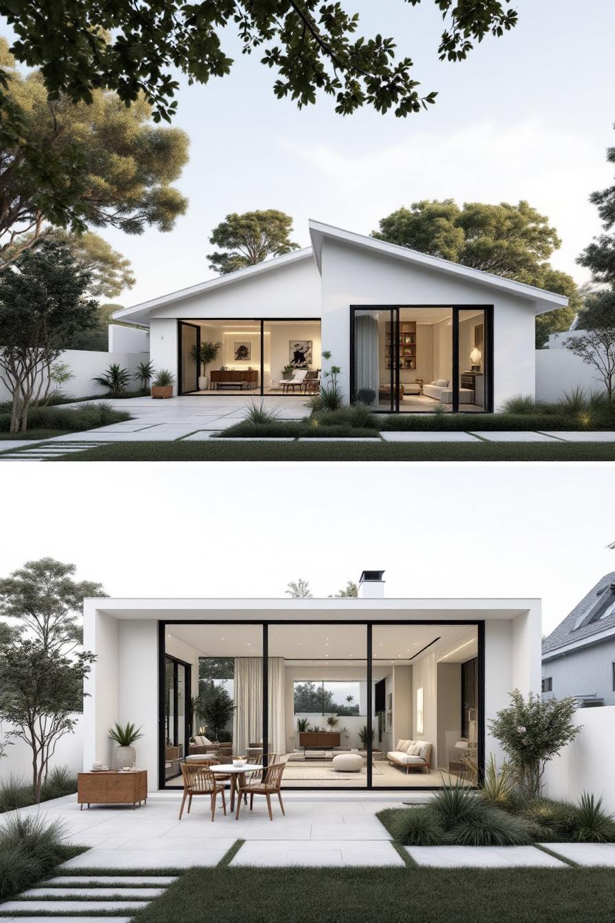 Modern bungalow with sleek white exterior and large glass doors