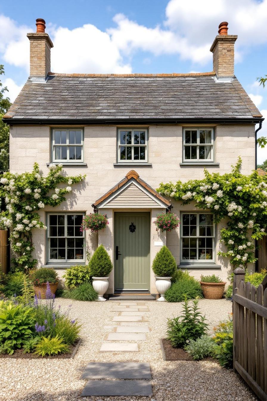 Charming cottage with green door and flowers
