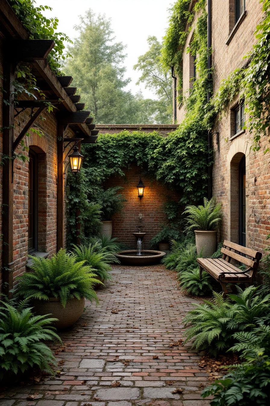 Peaceful courtyard with brick walls and greenery