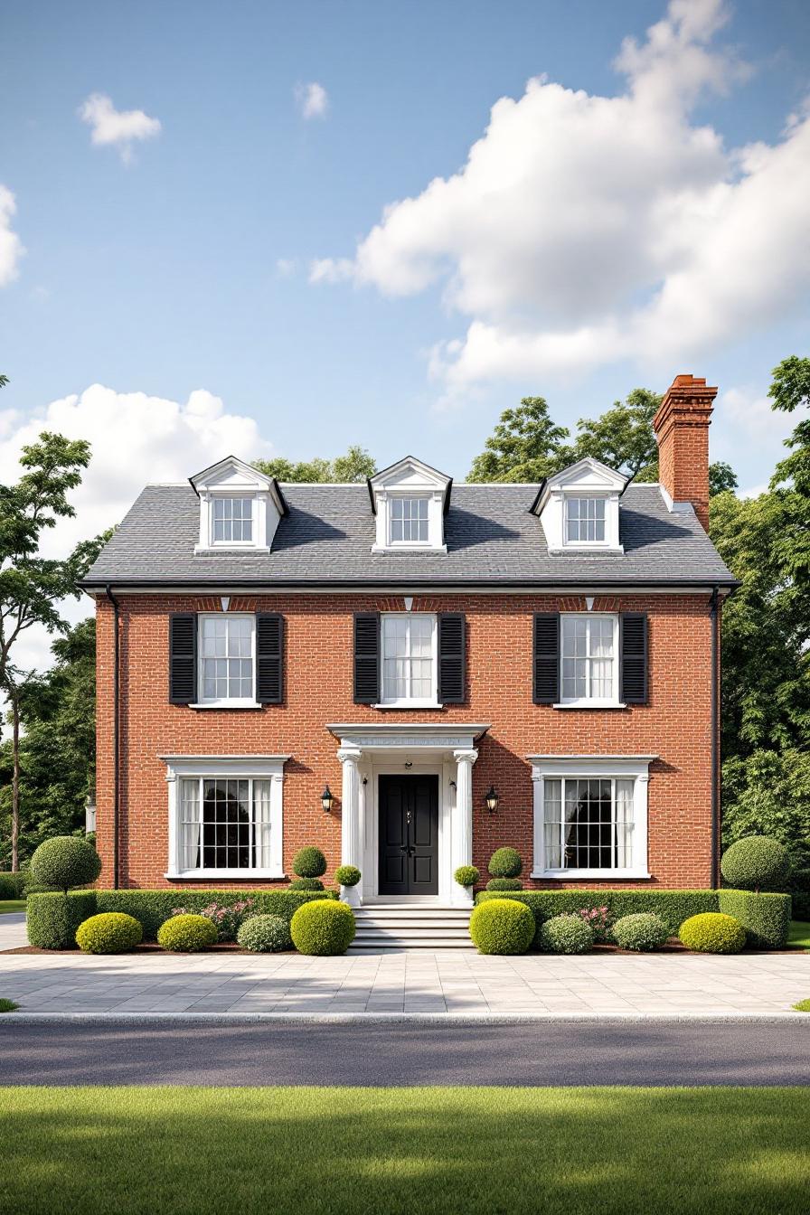 Elegant brick cottage with black shutters and lush greenery