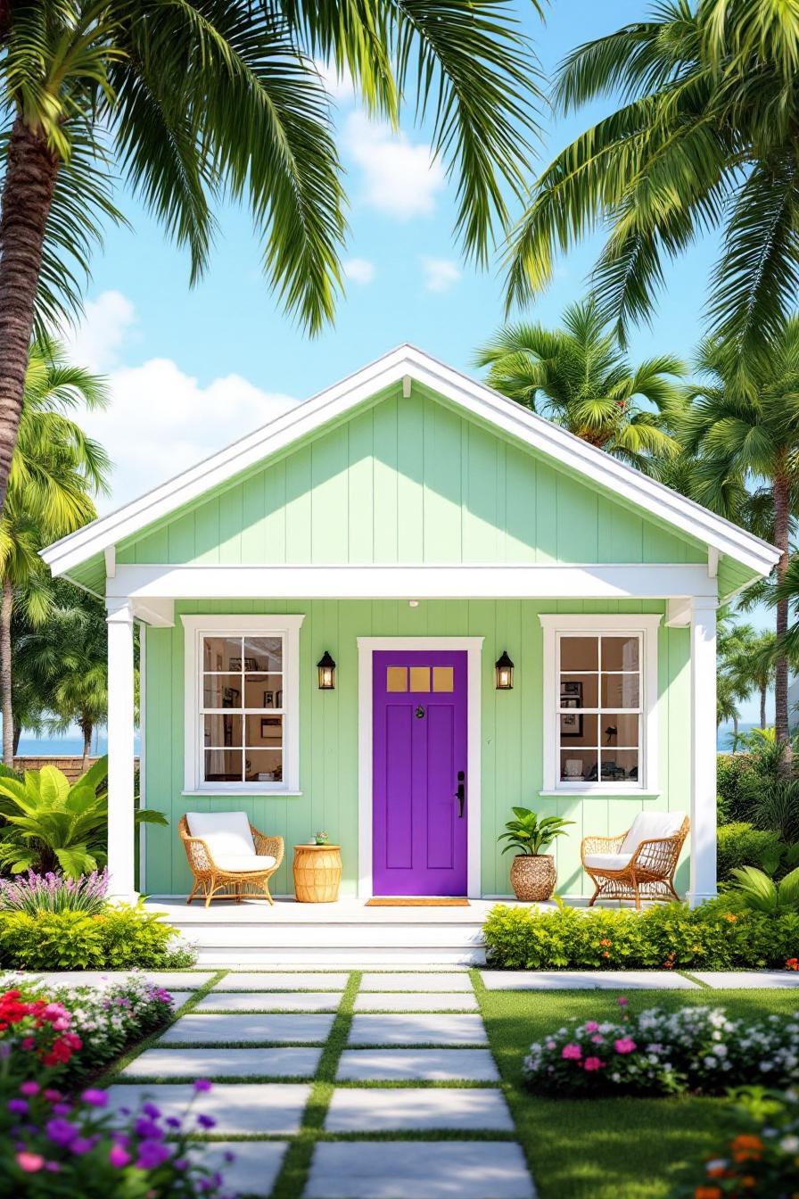 Charming pastel cottage with palm trees and a purple door