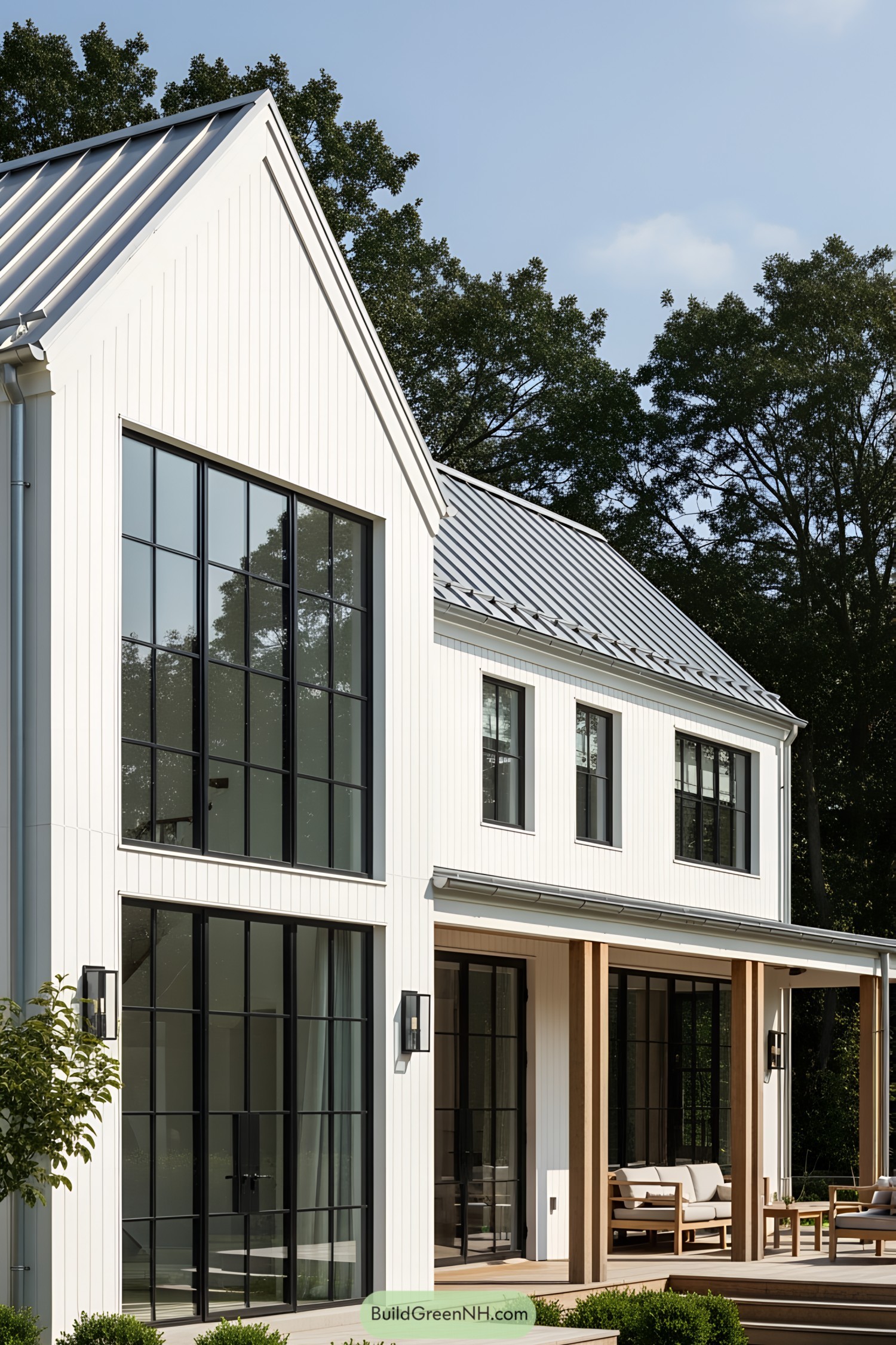 White farmhouse with black-framed windows and modern design