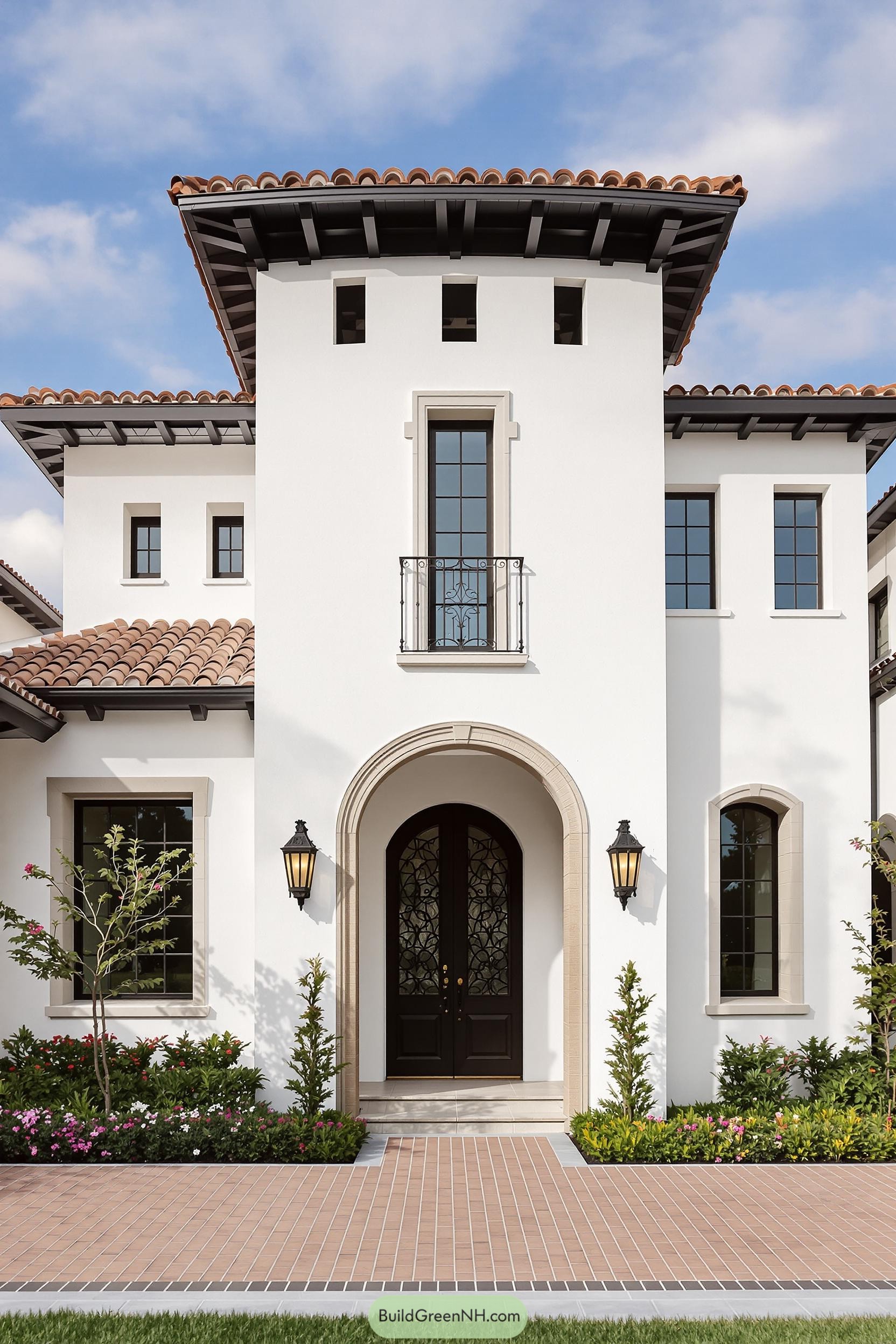 Front of a Spanish Revival house with arched doorway and tiled roof