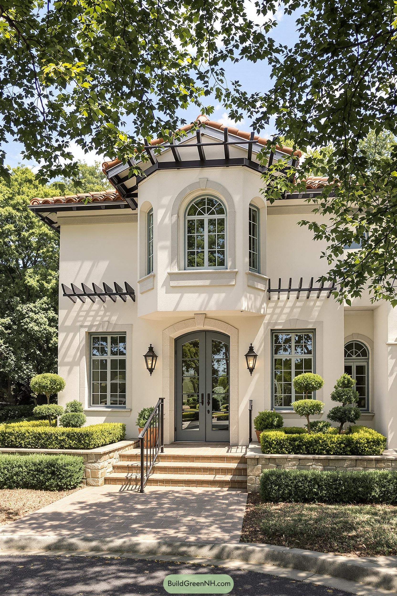 Charming white cottage with arched windows and lush greenery