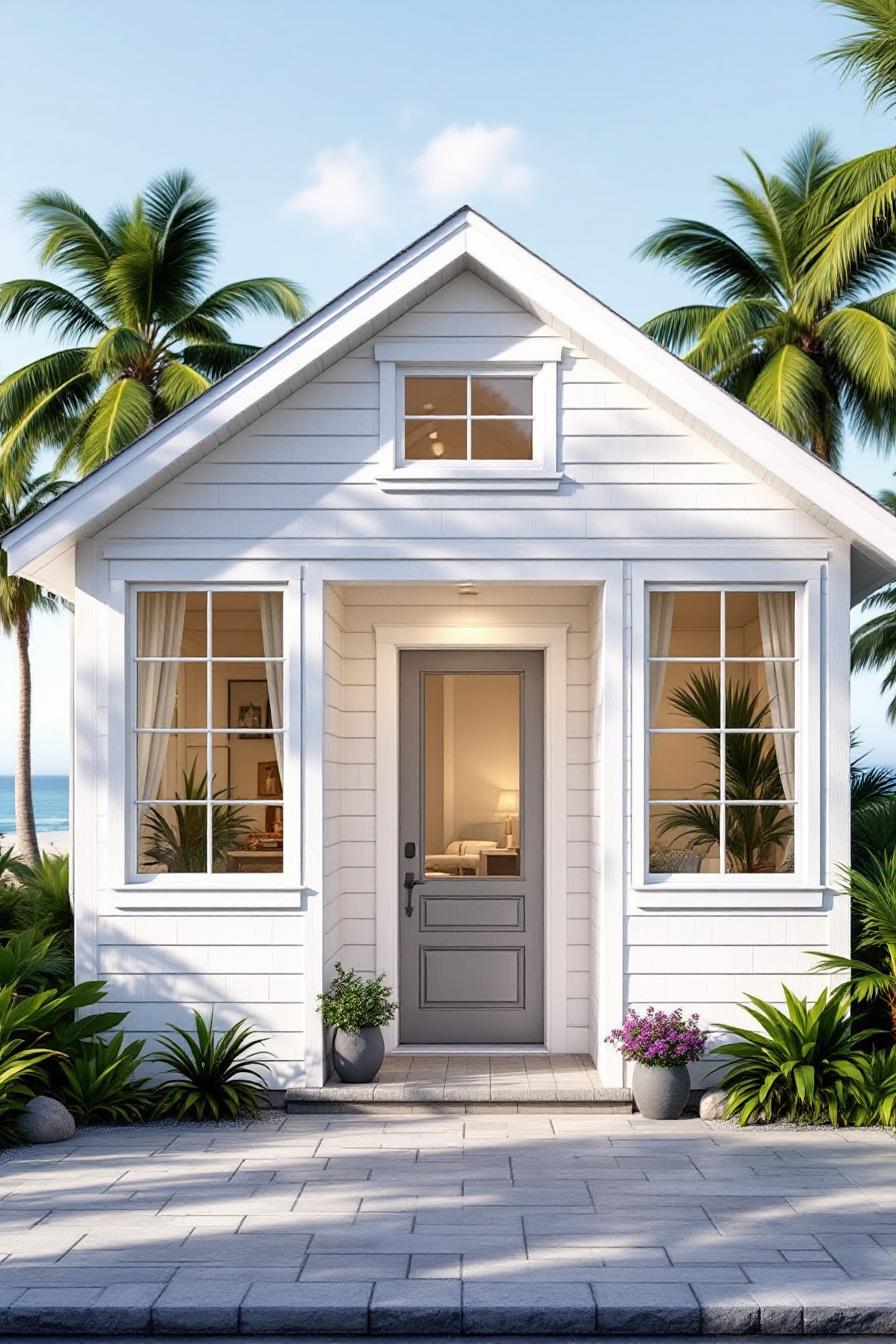 Small beach house with palm trees and large windows