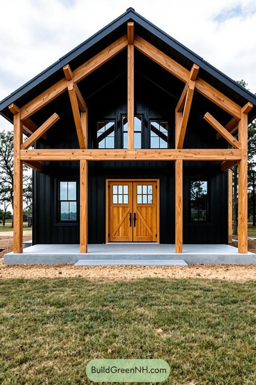 Black barndominium with wooden accents