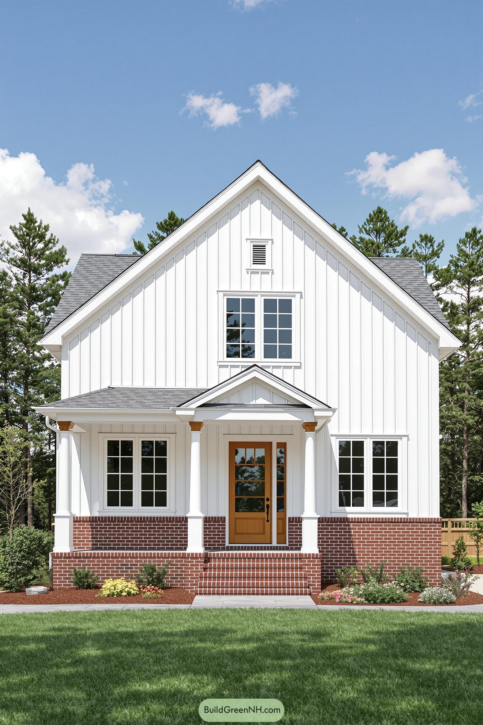 White craftsman house with red brick accents and blue sky background