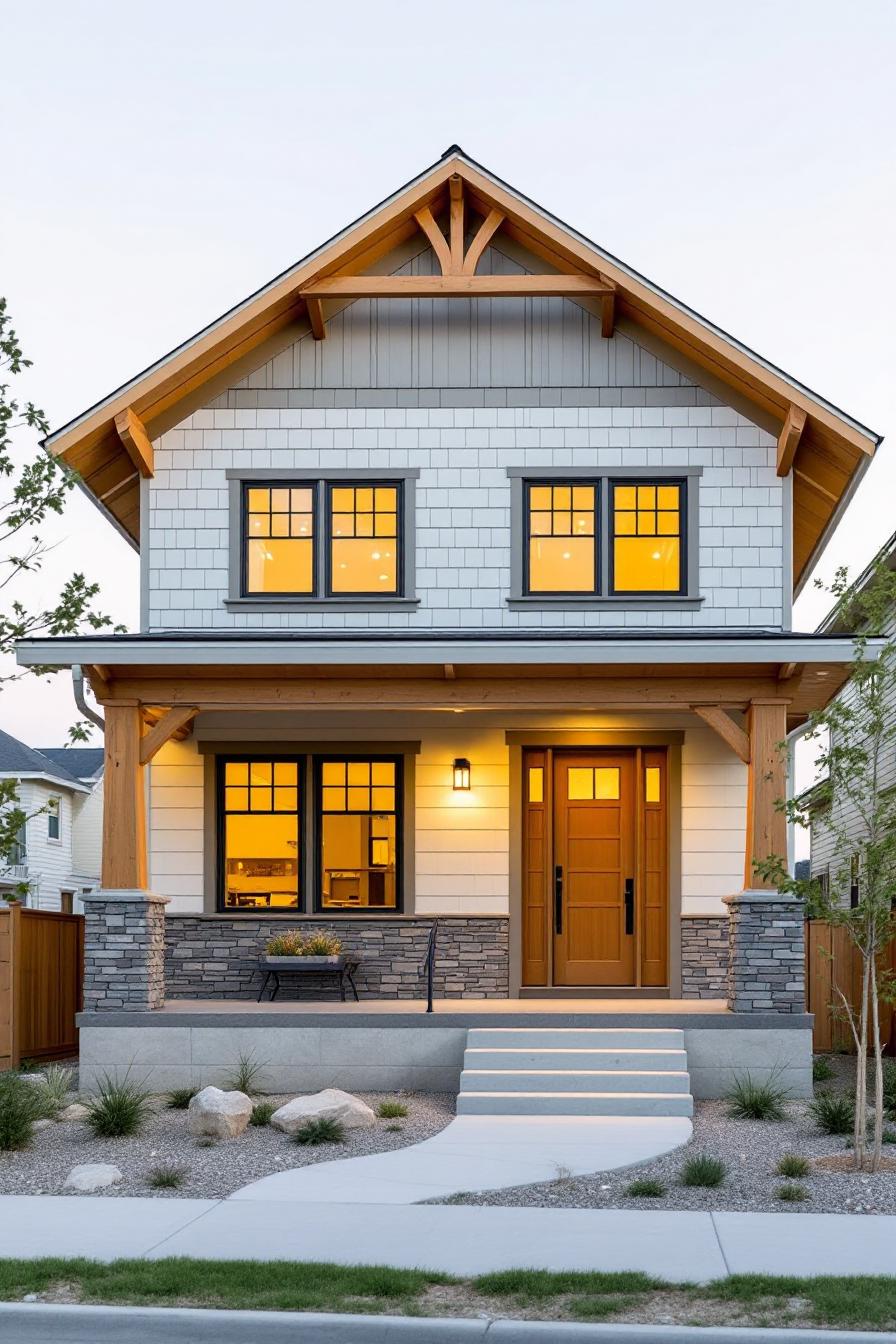 Craftsman home with glowing windows and stone accents