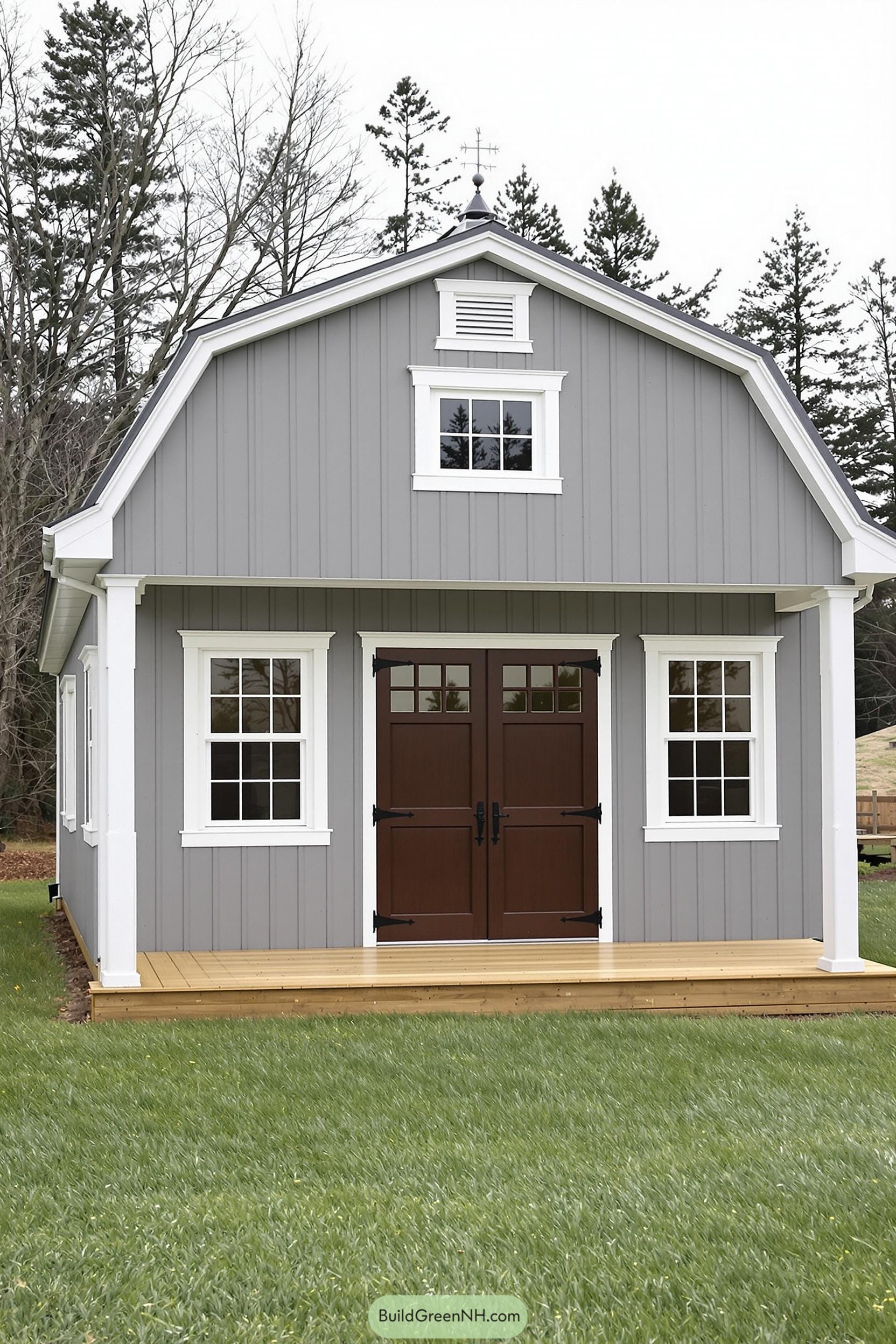 Gray craftsman shed with double doors