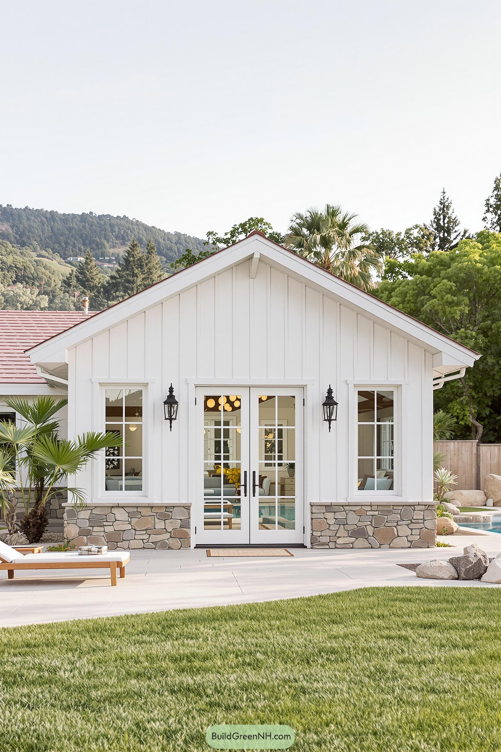Cozy pool house with stone and wood accents