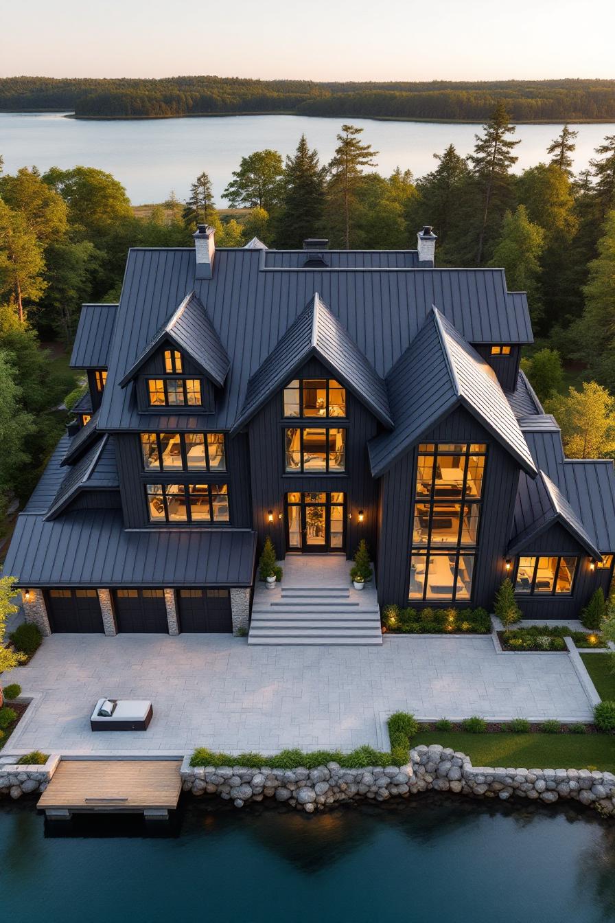 Elegant lakefront house with large windows