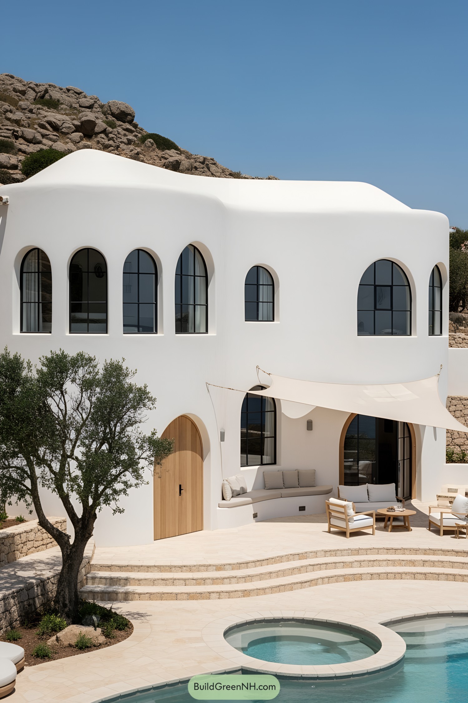Elegant Mediterranean house with arched windows by a pool