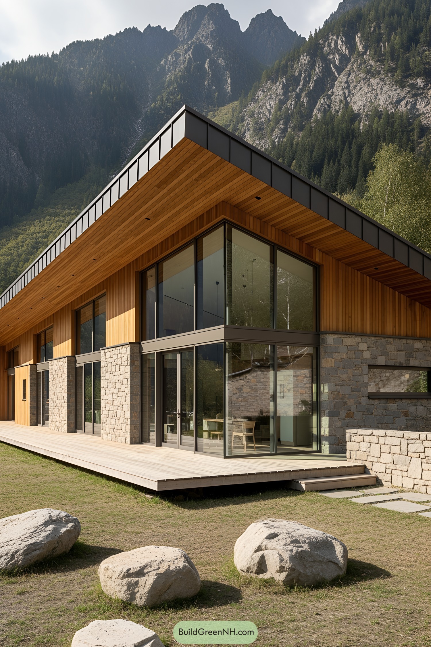 Contemporary mountain villa with large windows and stone accents