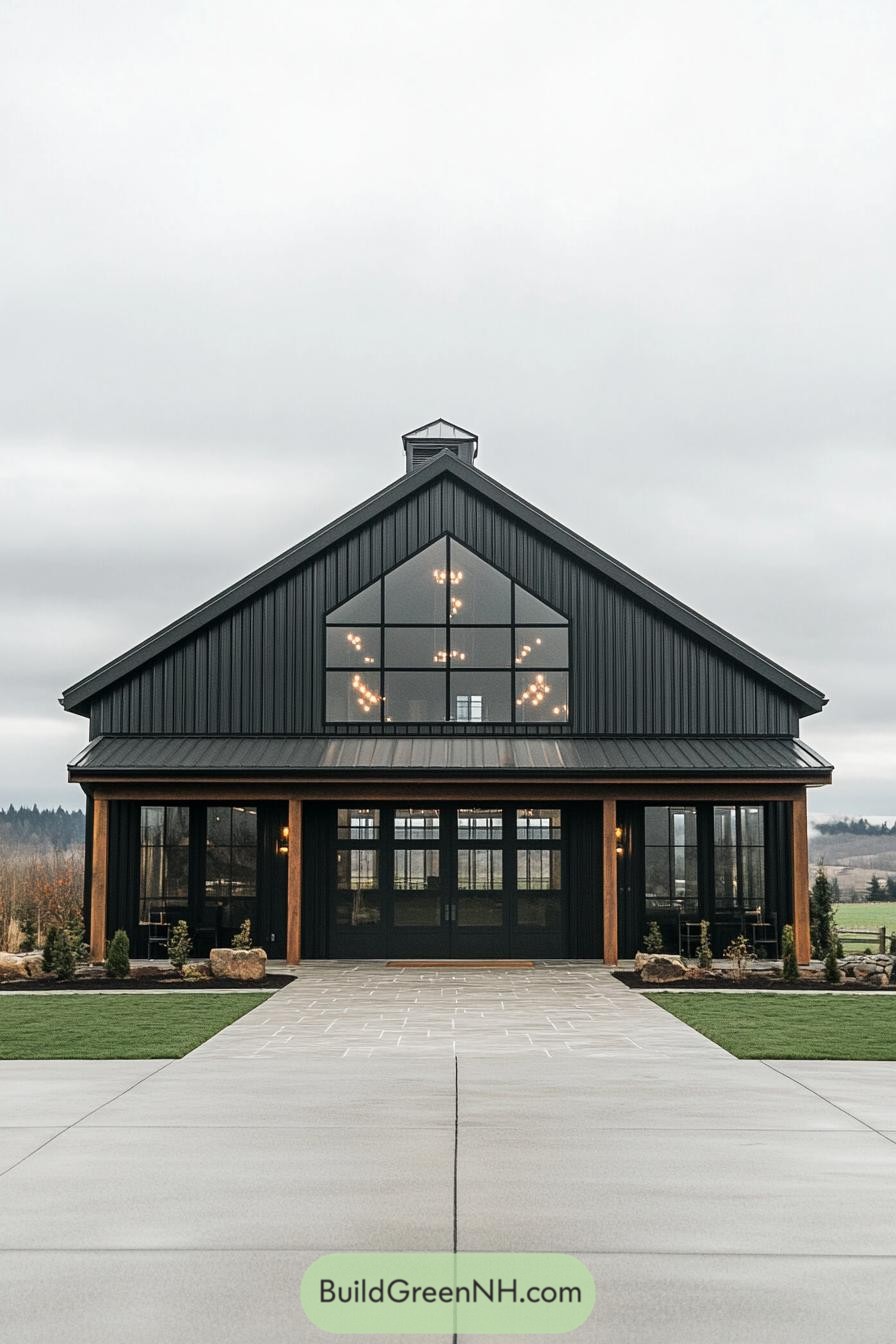 Modern pole barn house with large windows and a sleek black exterior
