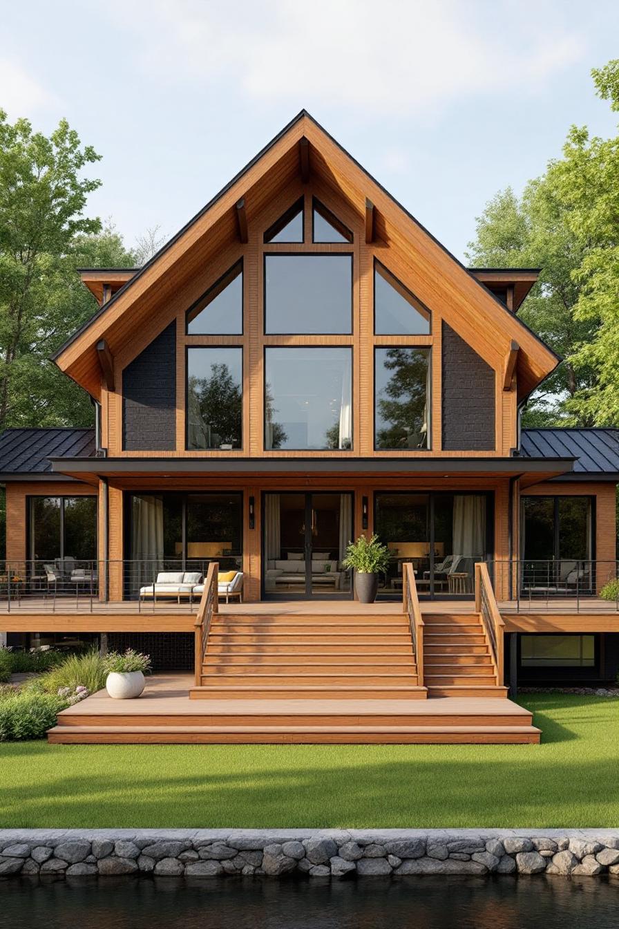 Wooden A-frame house with large windows facing a river