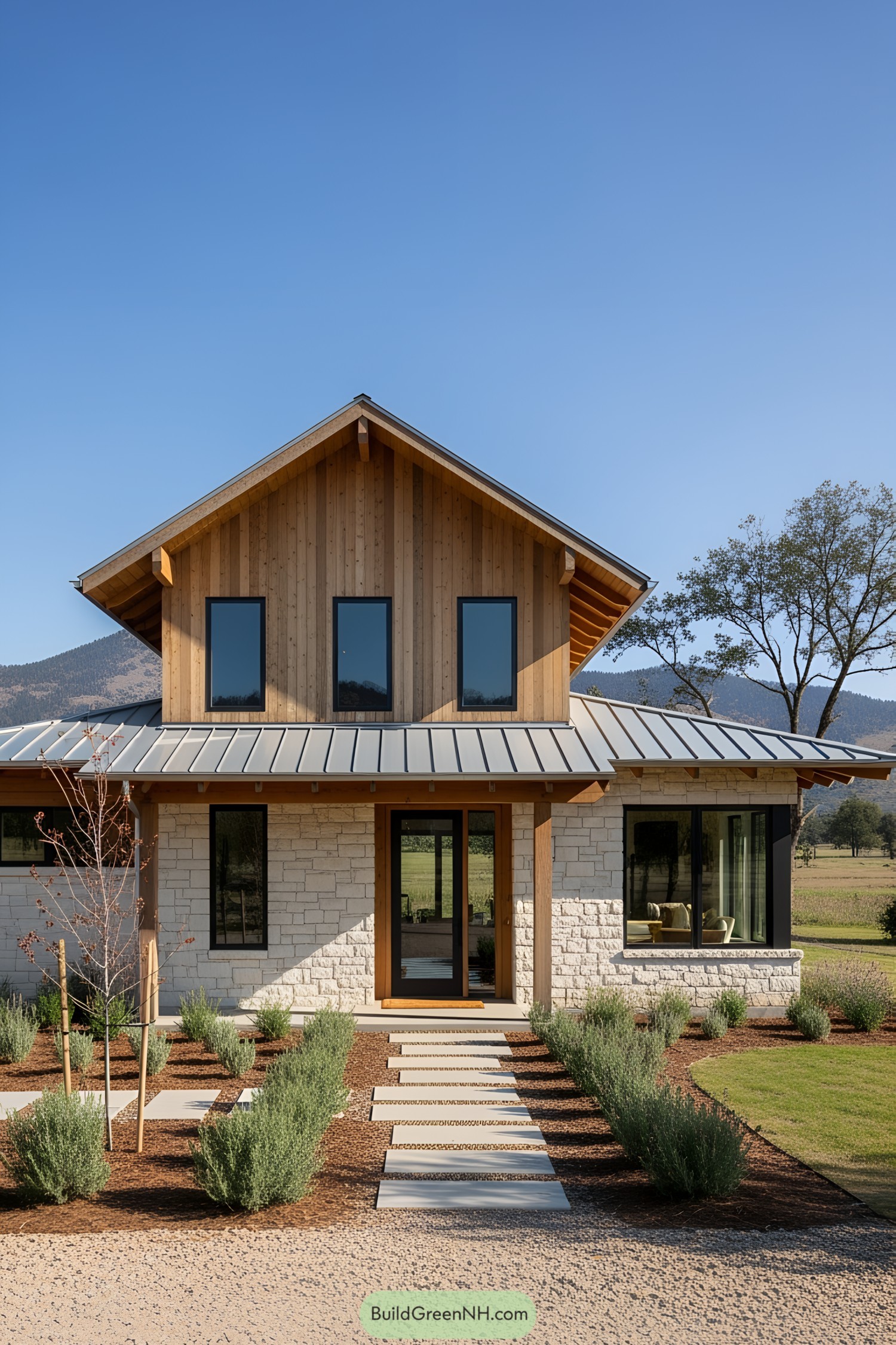 Rustic house with a wooden upper facade and stone lower walls
