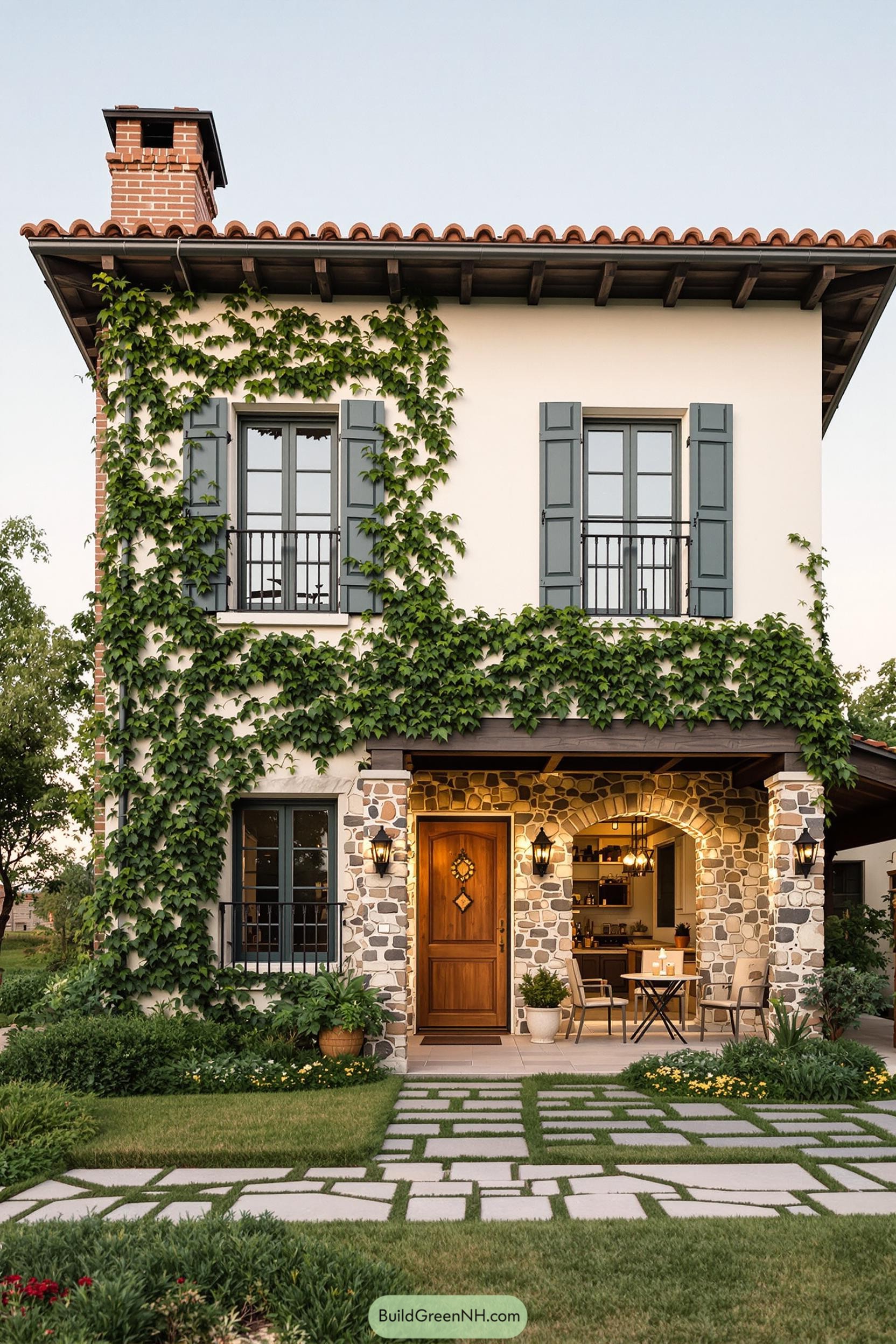 Small house with ivy-clad walls and wooden shutters