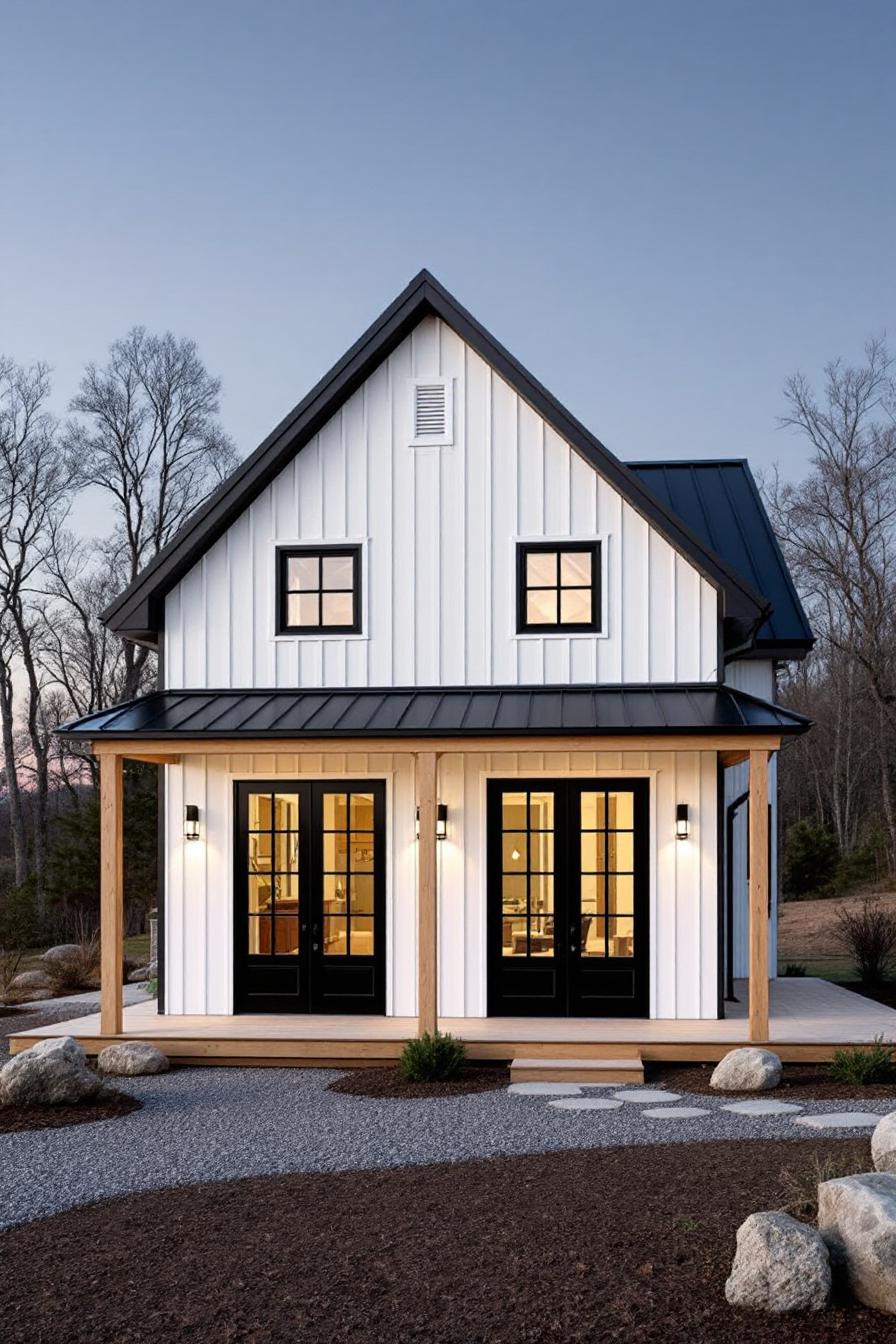 Cozy small barndominium with front porch at dusk