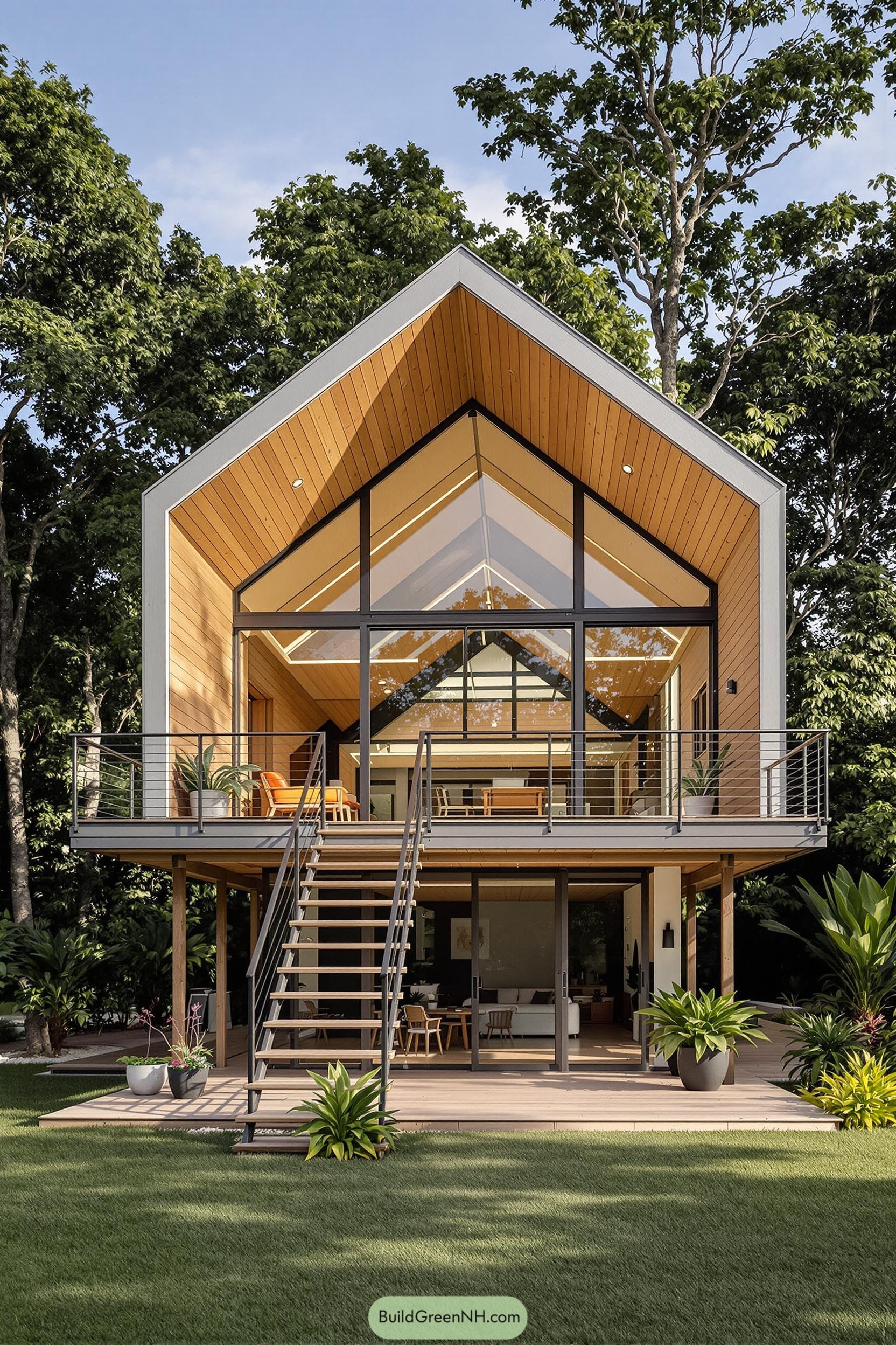 Modern A-frame house with large glass windows surrounded by lush greenery