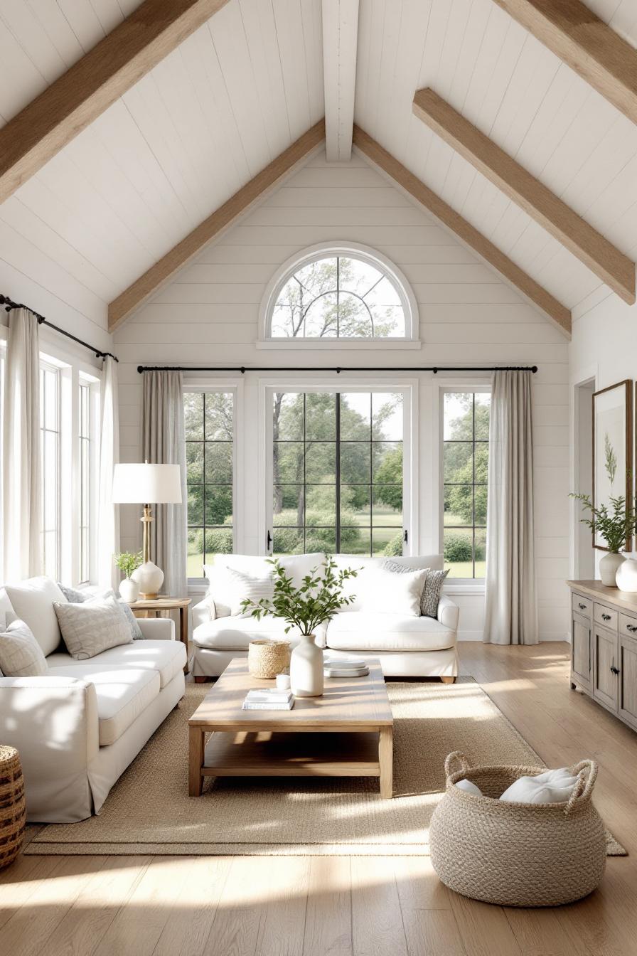 Bright farmhouse living room with white and wood accents