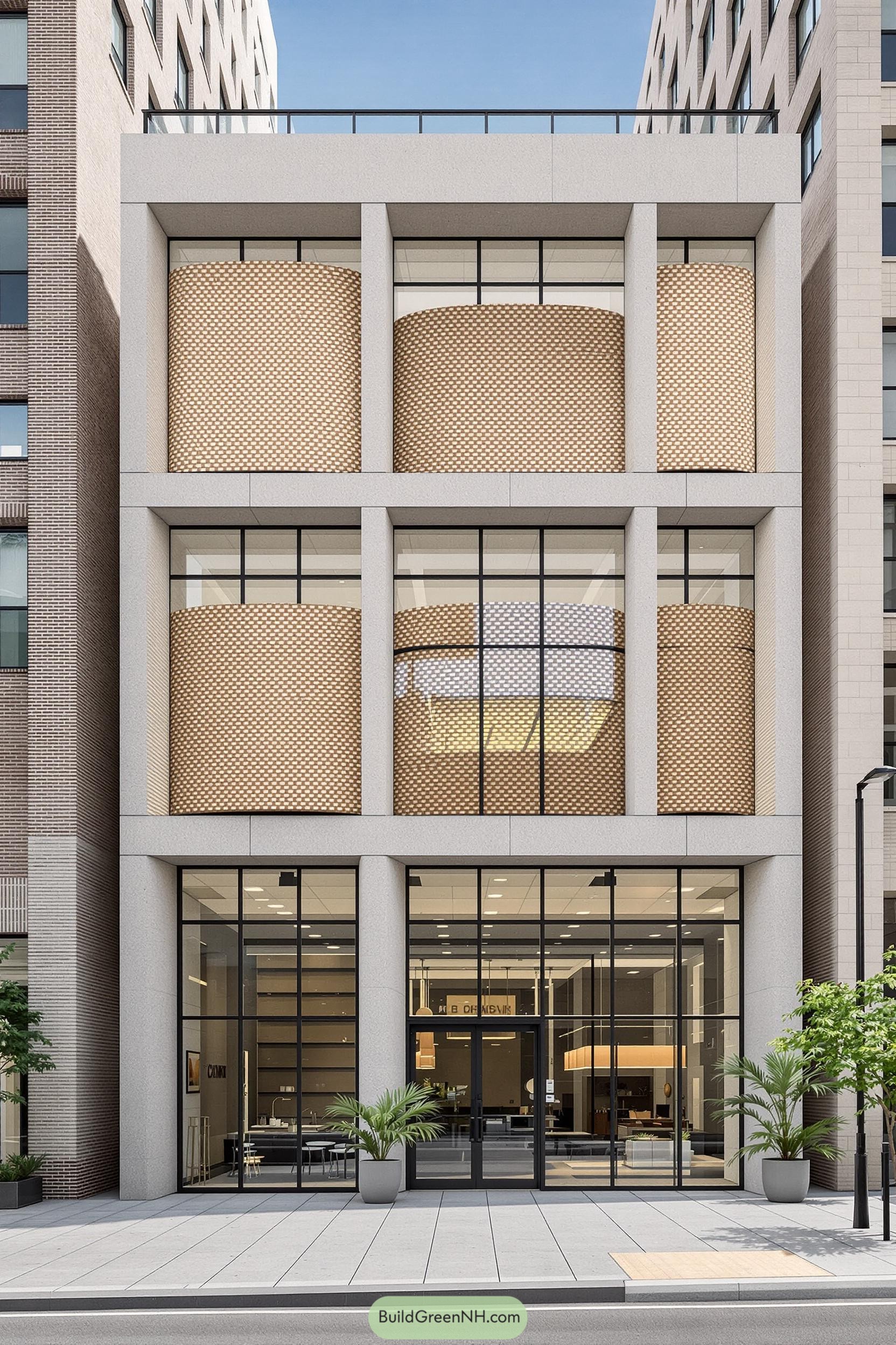 Modern industrial facade with wave-like brick patterns
