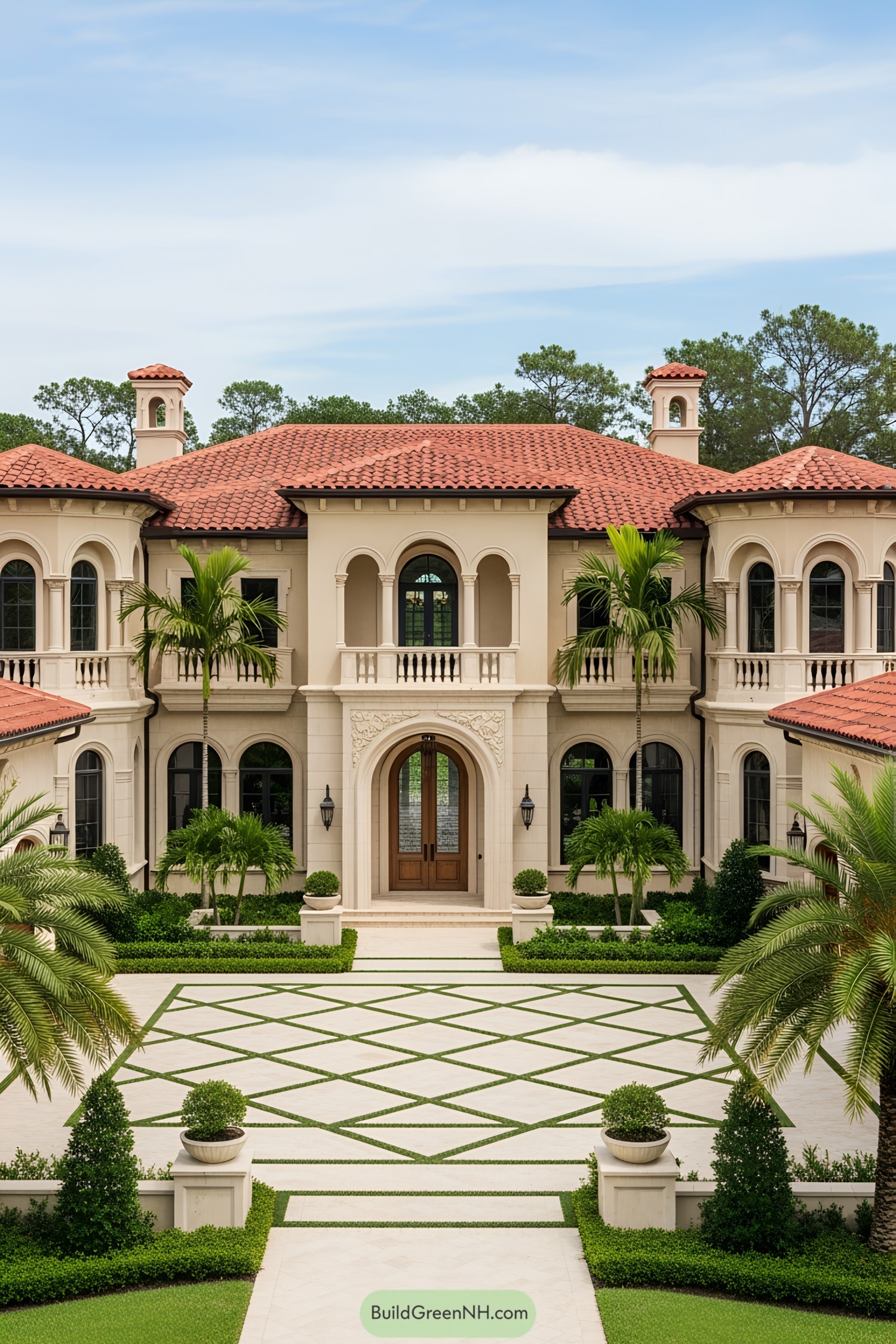 Luxurious cream-toned villa with red tile roof, surrounded by lush palms