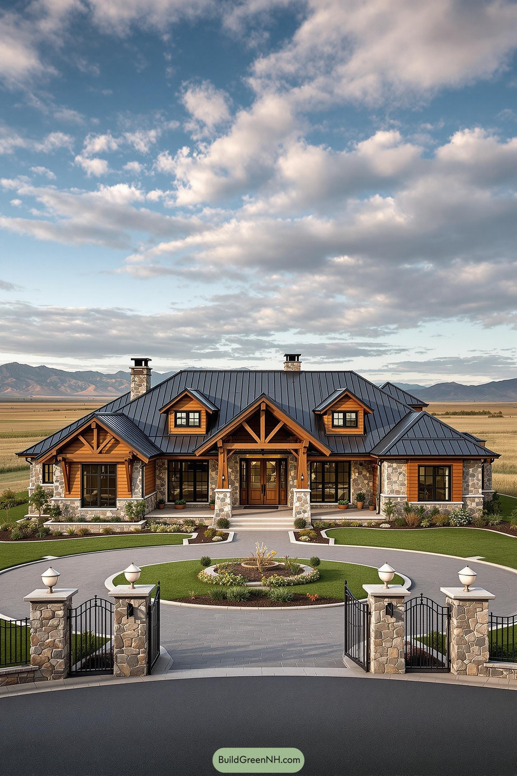 Expansive ranch house with stone and wood accents