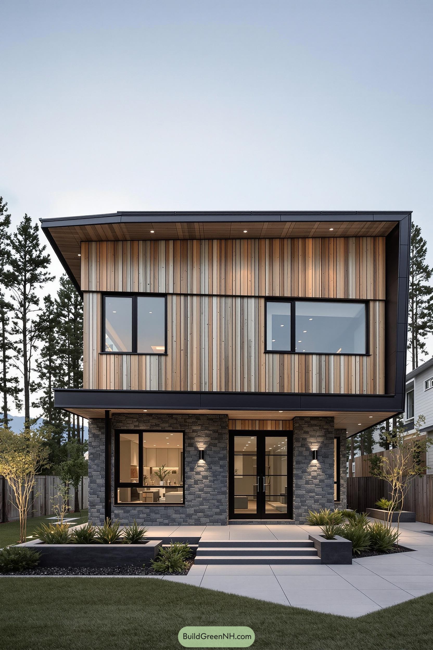 Modern house with sleek lines, wooden cladding, and large windows
