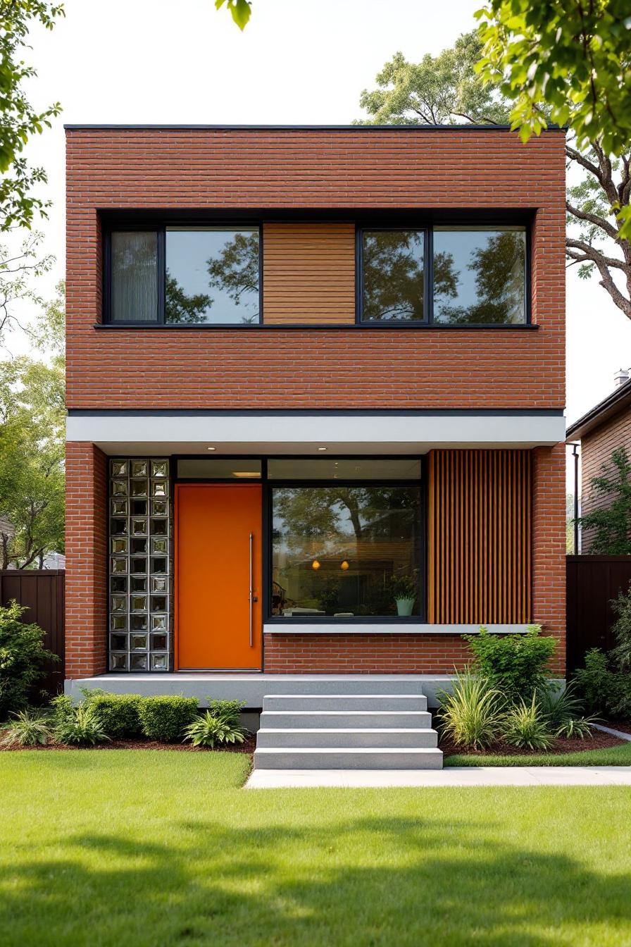 Two-story brick house with striking orange door and glass block details